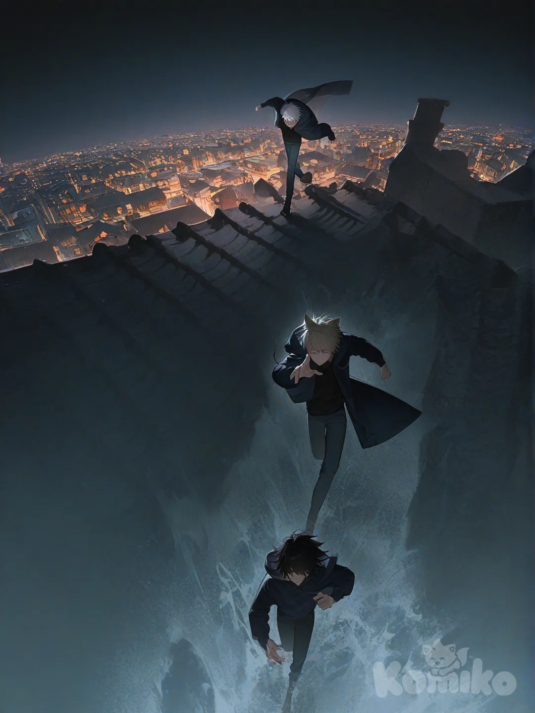 from rooftop, running, hoodie, jeans, wolf ears, blonde hair, navy blue, full body, shadows, waterfall, @Gojou_Satoru, @Tomioka_Giyuu, [high-contrast-glossy-style]