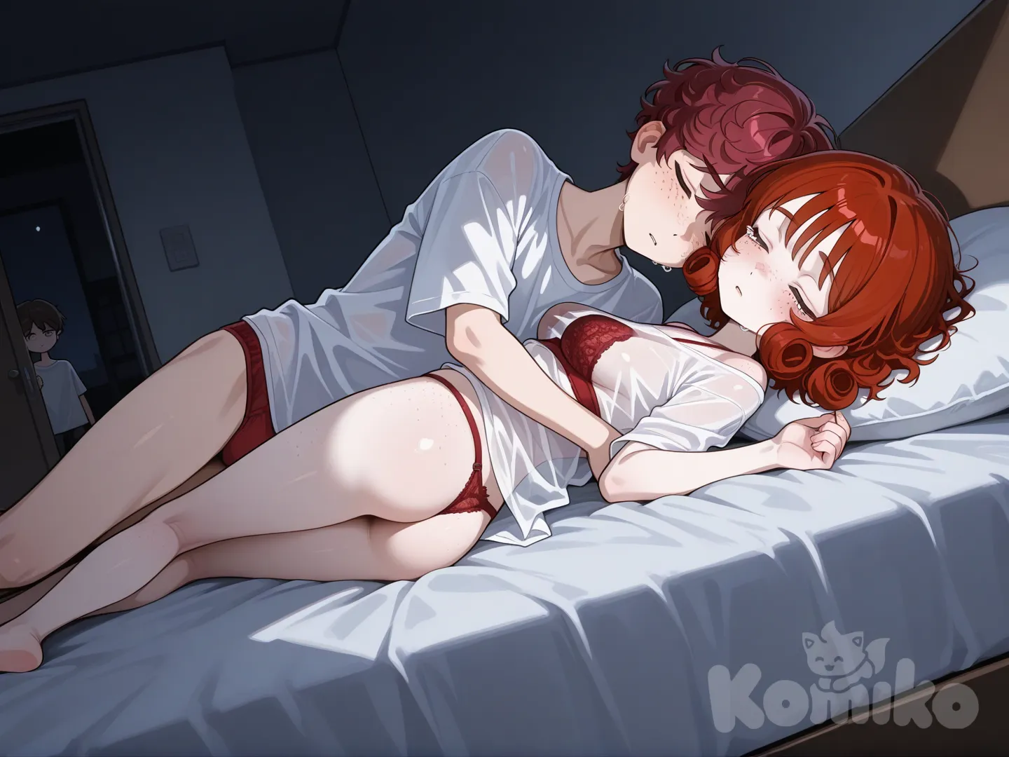 Uma Loli peito medio caido, bunda pequena, quarto a noite, calcinha e sutiã renda vermelha fio dental , camiseta grande branca trasparente, de frente, de baixo pra cima, deitada na cama, dormindo triste, cabelo ruivo cacheado curto, pele clara com sardas por todo corpo.
Um Garoto magro adolescente com cabelo vermelho escuro curto, pele clara com sardas por todo corpo, dormindo triste ao lado oposto dela.