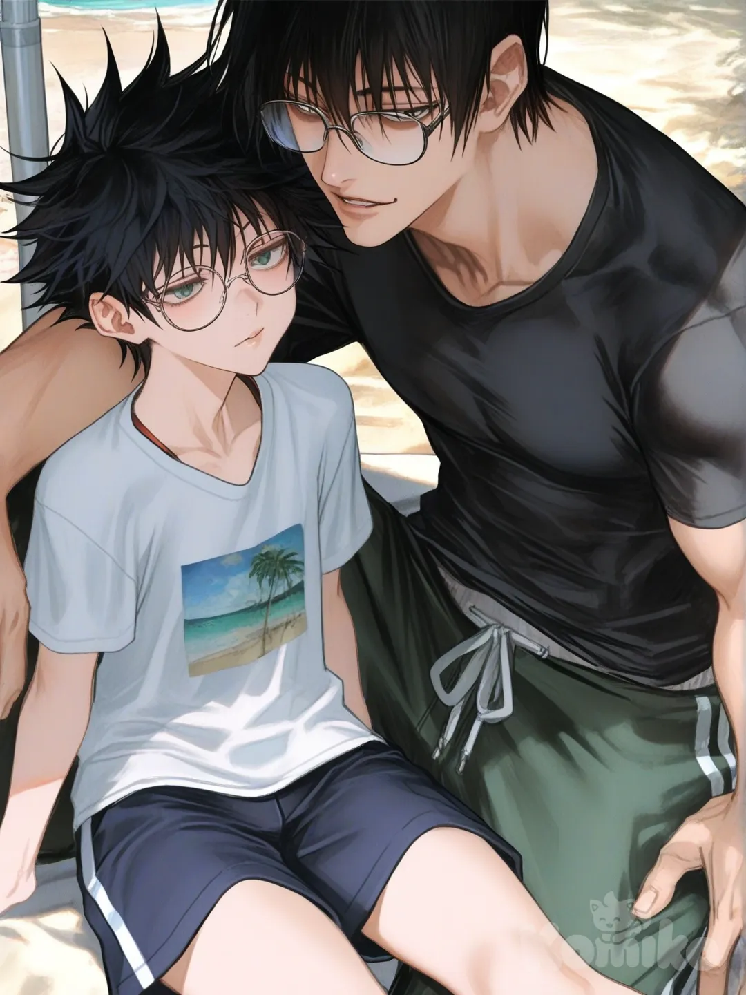 anime boy, handsome character, anime art style, t-shirt, sitting on the ground, [semi-realistic-portrait-style], Fushiguro Touji, beach shorts, glasses