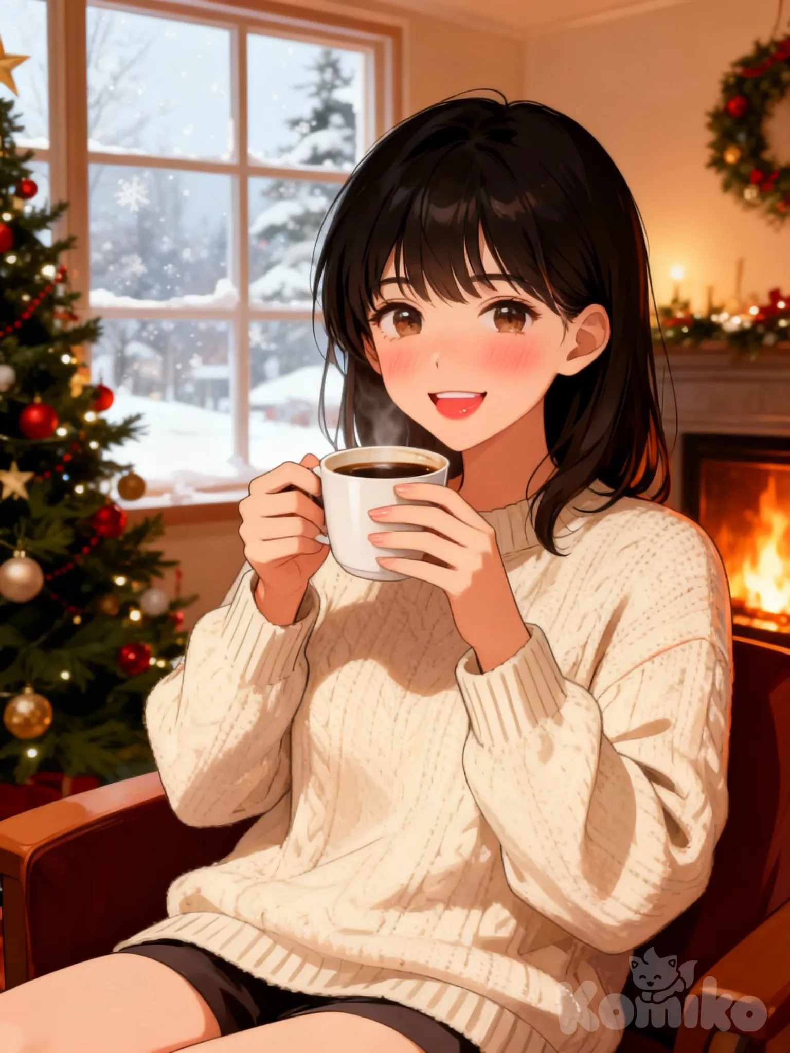 [semi-realistic-portrait-style], realistic, blush, drink hot coffee, windows, snow, christmas, christmas tree, камин, full body, room, seat, smile, looking at viewer, sweater space image