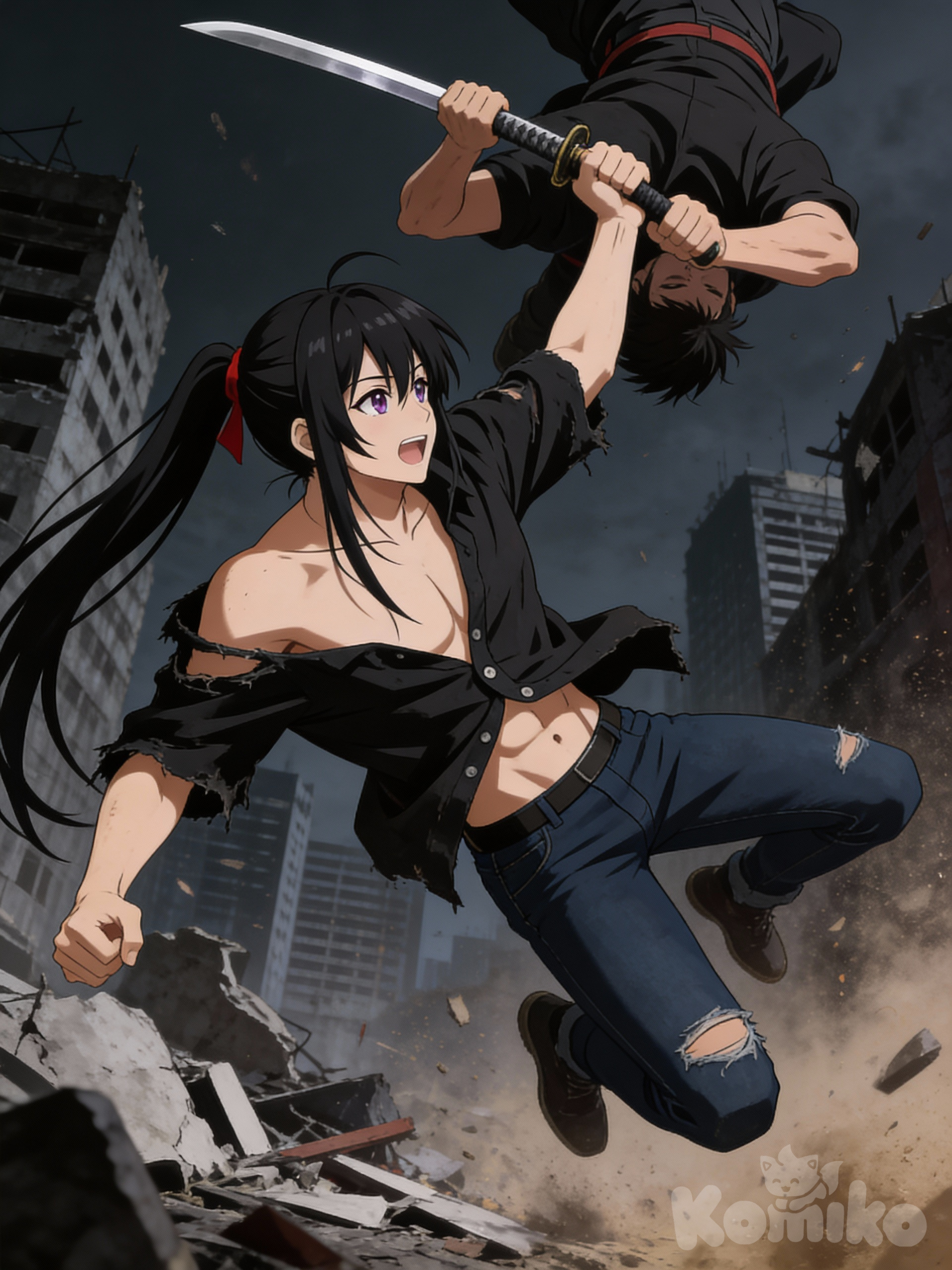 Двое парней сражаются в разрушенном городе