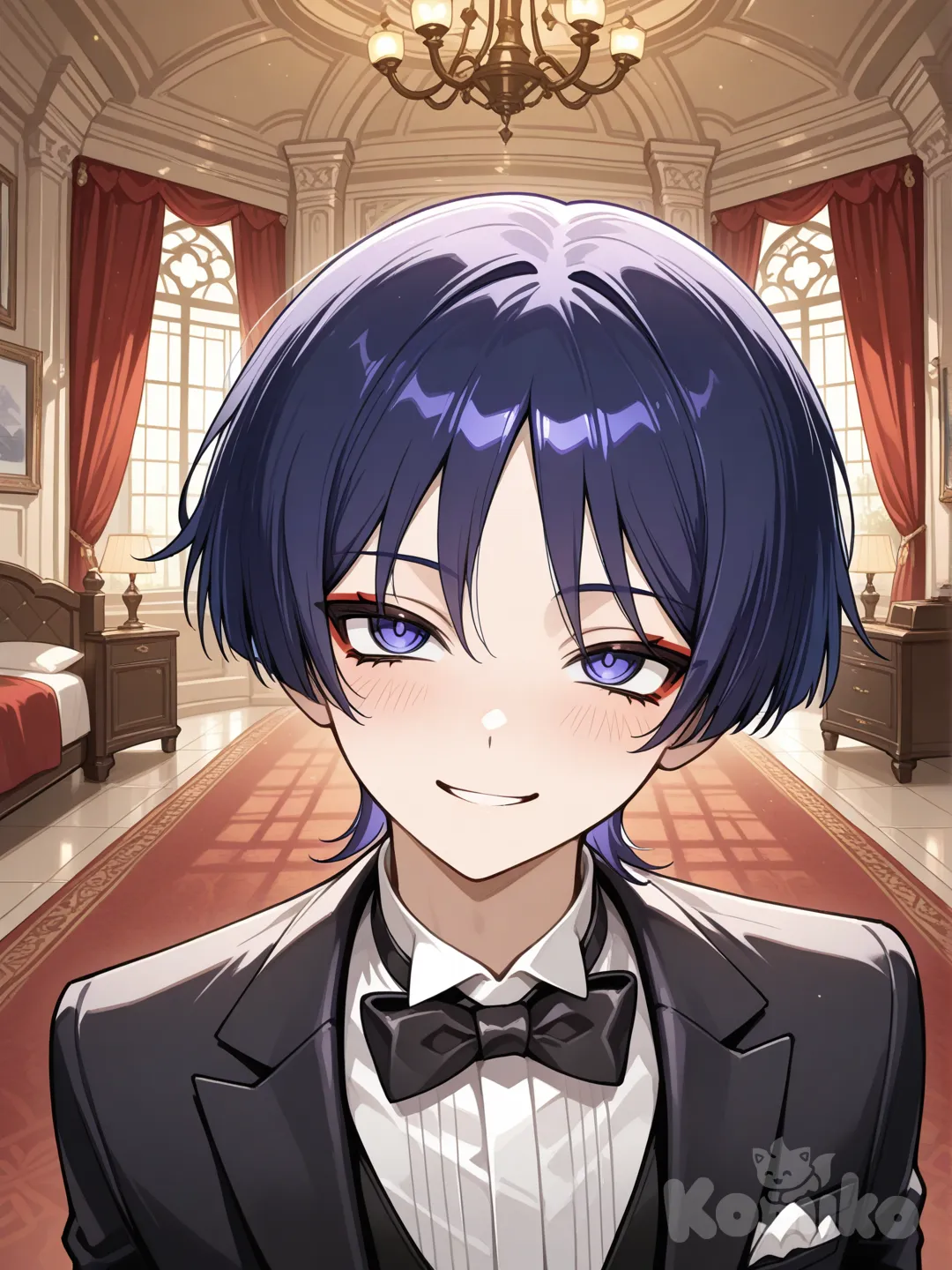 1boy, @Scaramouche_(Genshin_Impact), Beautiful, Wedding suit, blushing, Cheerful, looking up a little, castle, bedroom