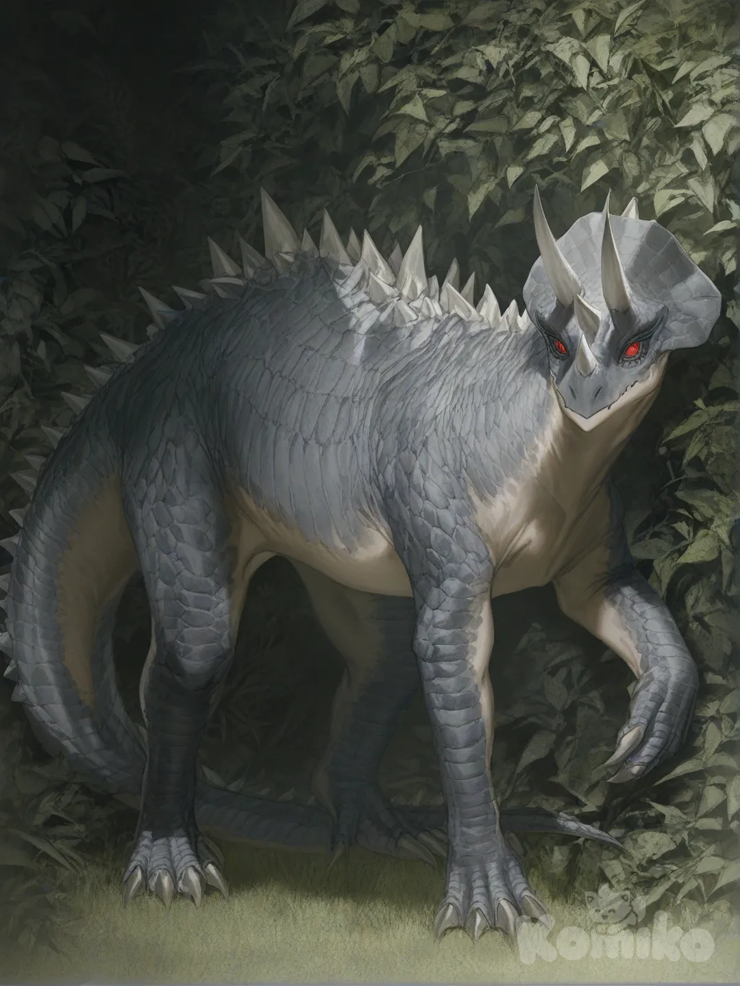 dinosaur, Triceratops head, stegosaurus spines, tail with 4 spikes, prehistoric background, jungle, [soft-light-illustration-style]