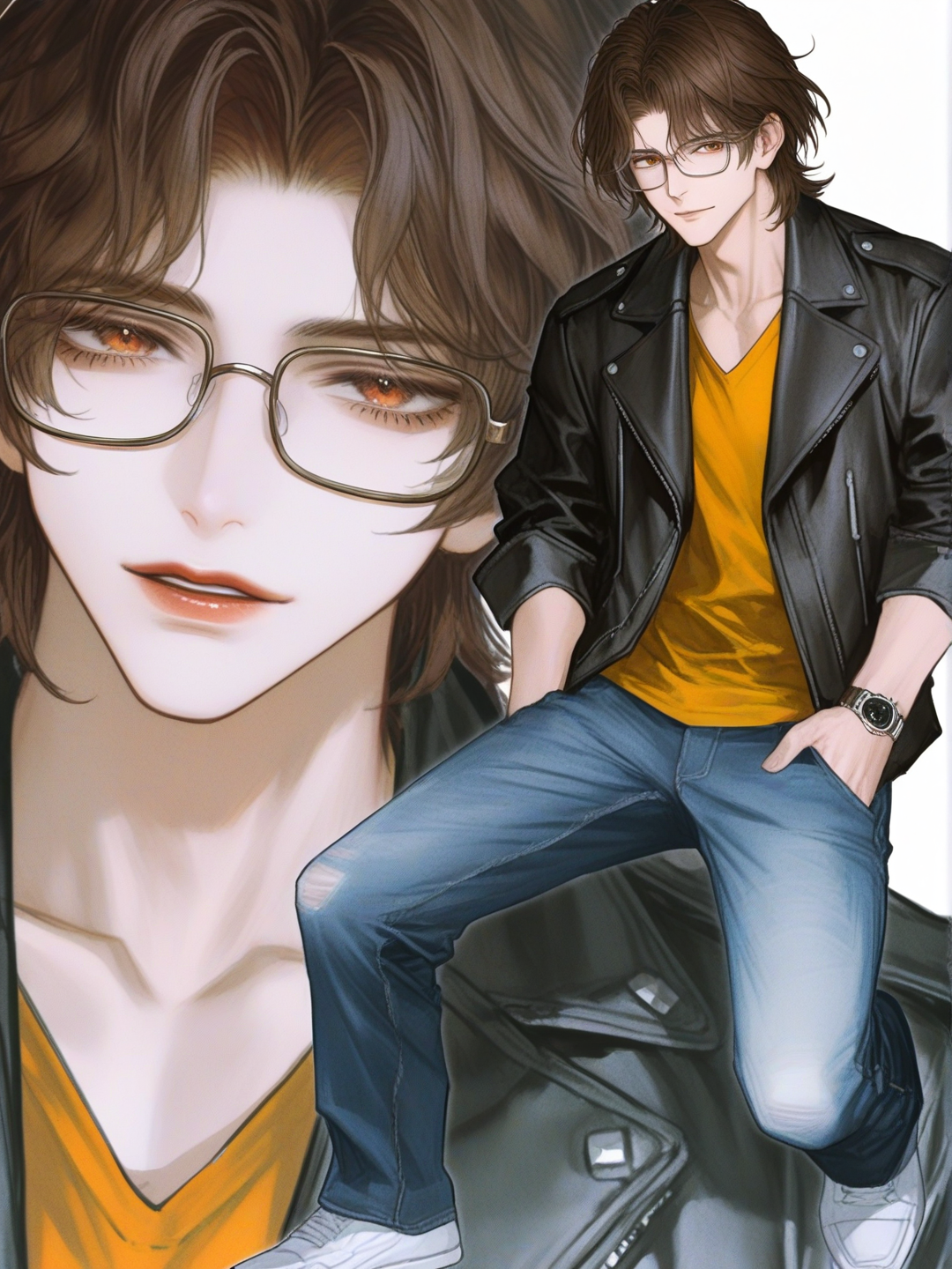 [semi-realistic-portrait-style] 1boy, mature, athletic, brown hair, amber eyes, tan skin, bohemian shirt, side-parted hair, jeans, studs, glasses, bracelet, mechanical watch, leather jacket, single character, full body, looking at viewer, anime style, simple background, white background