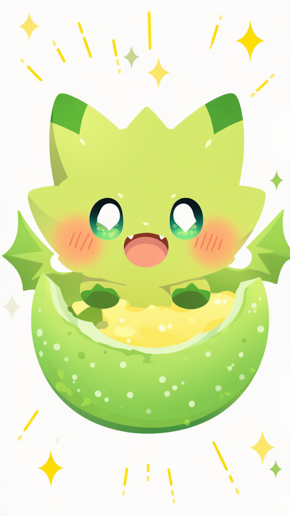 vibrant color, anime coloring, no lineart, chibi, kawaii, aloe vera and water melon themed dragon., floating, open mouth, blush, closeup, looking at viewer, sparkle, white background, clean background