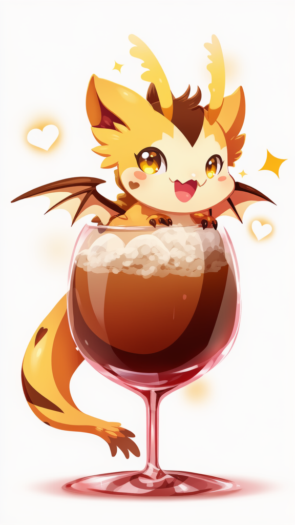 vibrant color, anime coloring, no lineart, chibi, kawaii, Dalgona coffee themed dragon., floating, open mouth, blush, closeup, looking at viewer, sparkle, white background, clean background