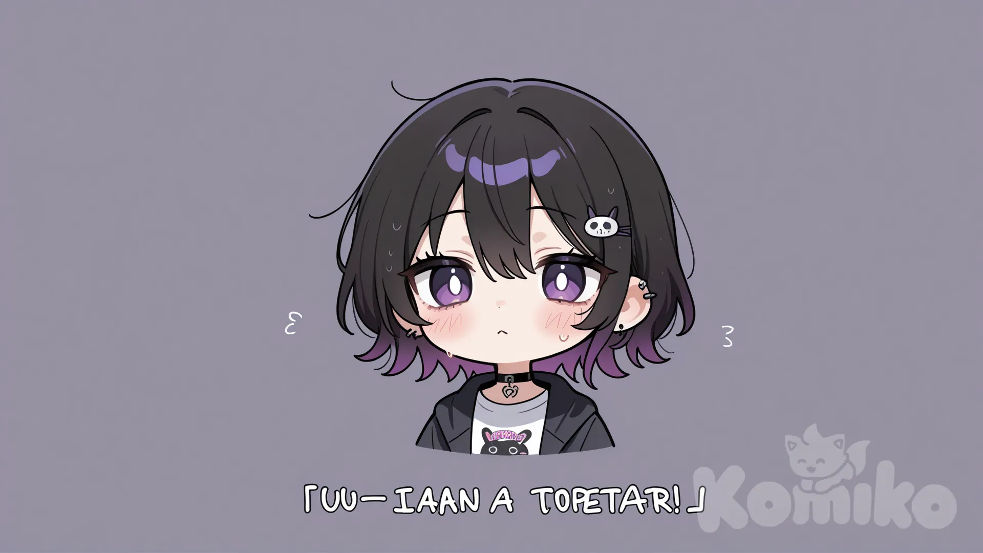 Icon, gothic girl, edgy, black hair with purple streaks, skeleton rabbit brooch. 