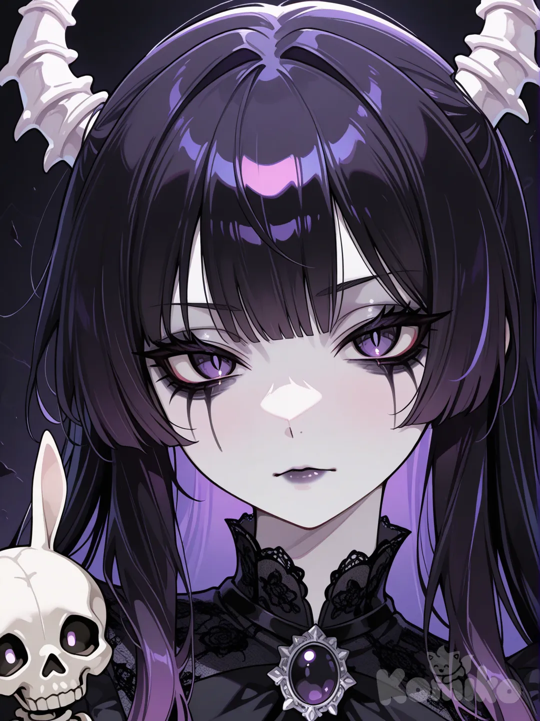 Icon, gothic girl, edgy, black hair with purple streaks, skeleton rabbit brooch.