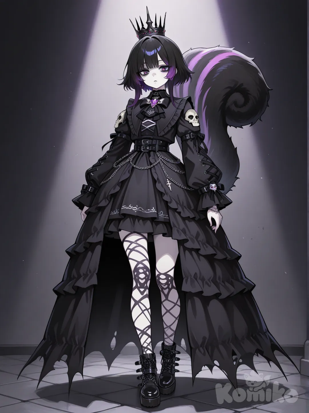 necromancer queen, gothic girl, edgy, black hair with purple streaks, skeleton squirrel brooch, full body