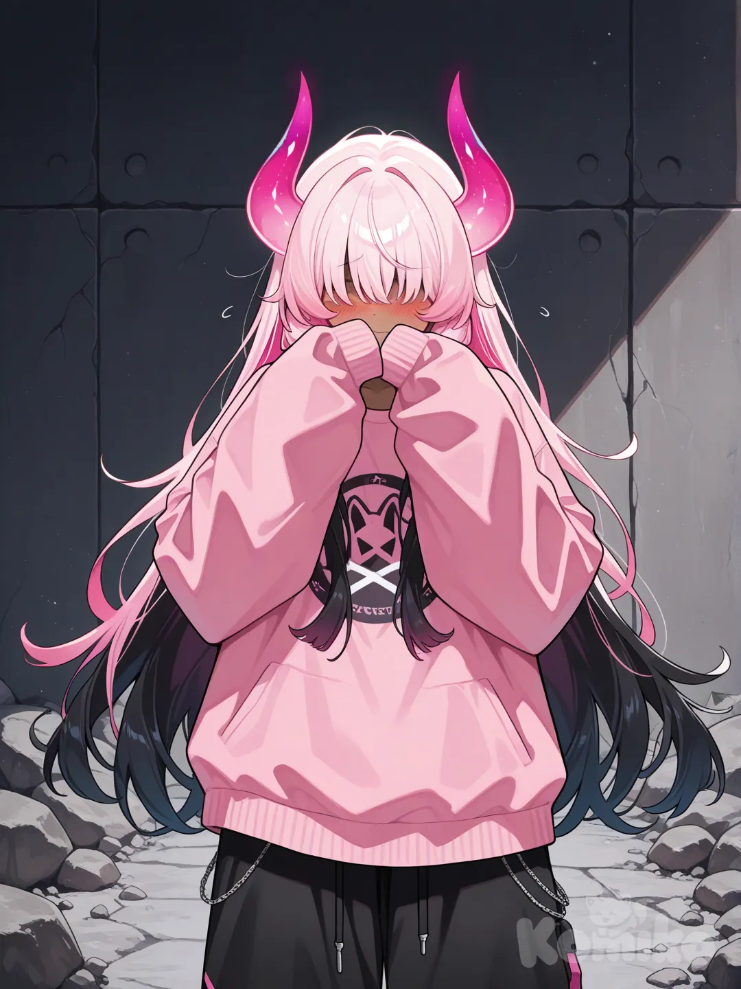 Rock girl, black hair, pink streaks, hair covering her face, dark skin, baggy clothes, shy face, neon pink horns.