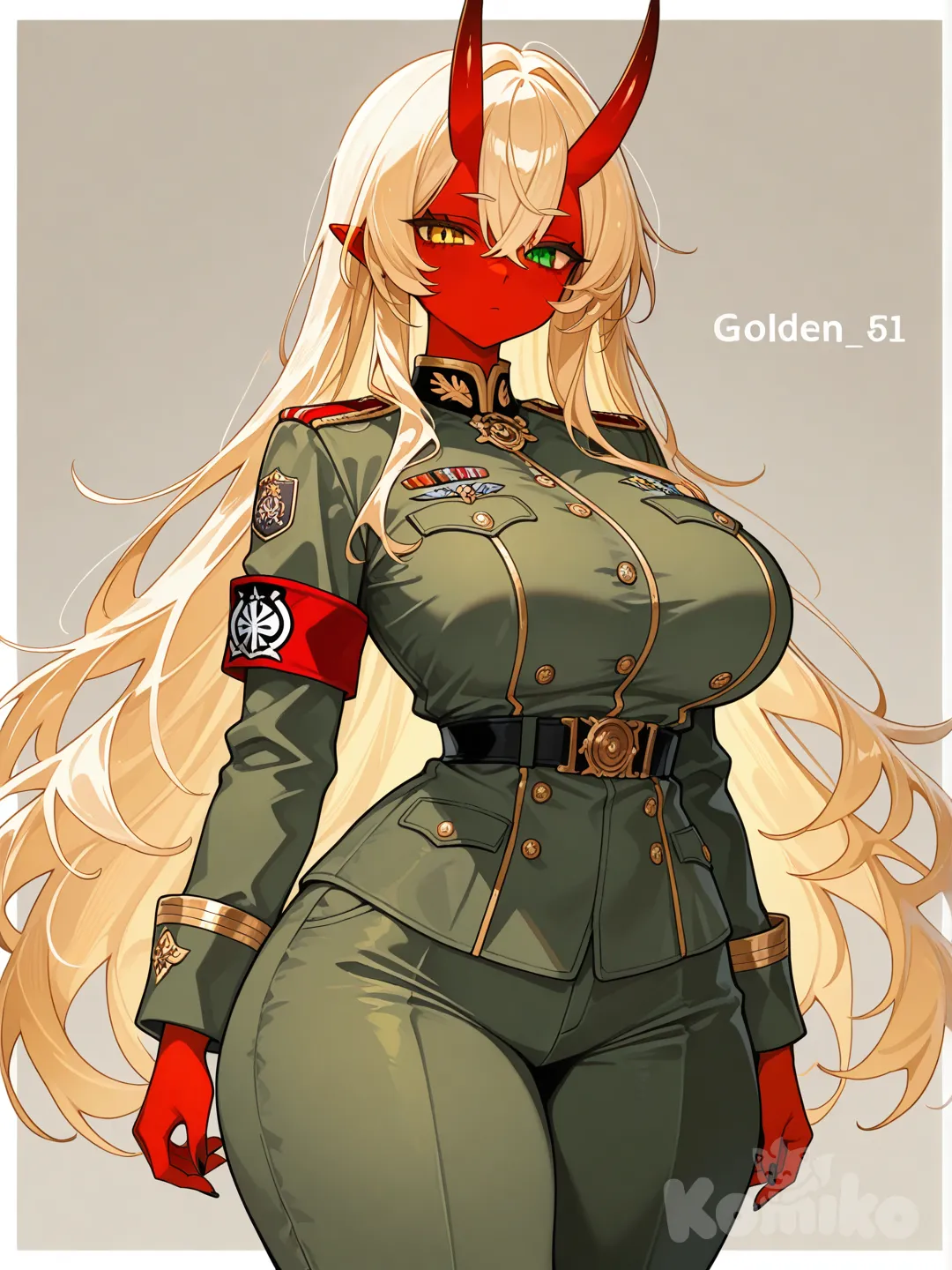 A woman with red skin, oni horns, eyes of different colors—one gold and the other emerald green—wearing soldier's clothes, long blonde hair, and a sexy, exaggerated body. 