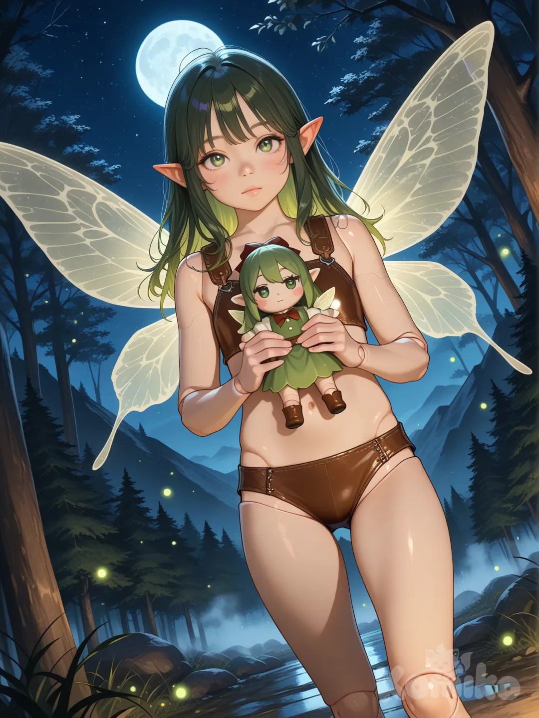 little fairy, being a doll made by a warrior, on the slope of a forest-filled mountain, at night, a tiny fairy, realistic style.
