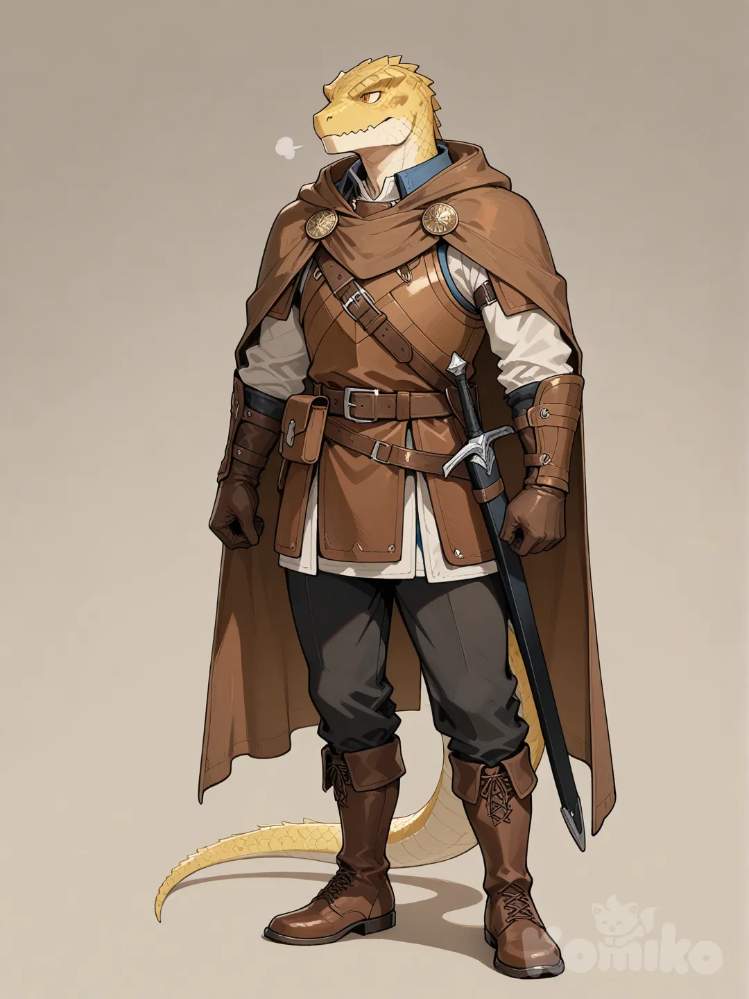 Homem lagarto de escamas claras em tom amarelado, com roupas de aventureiro