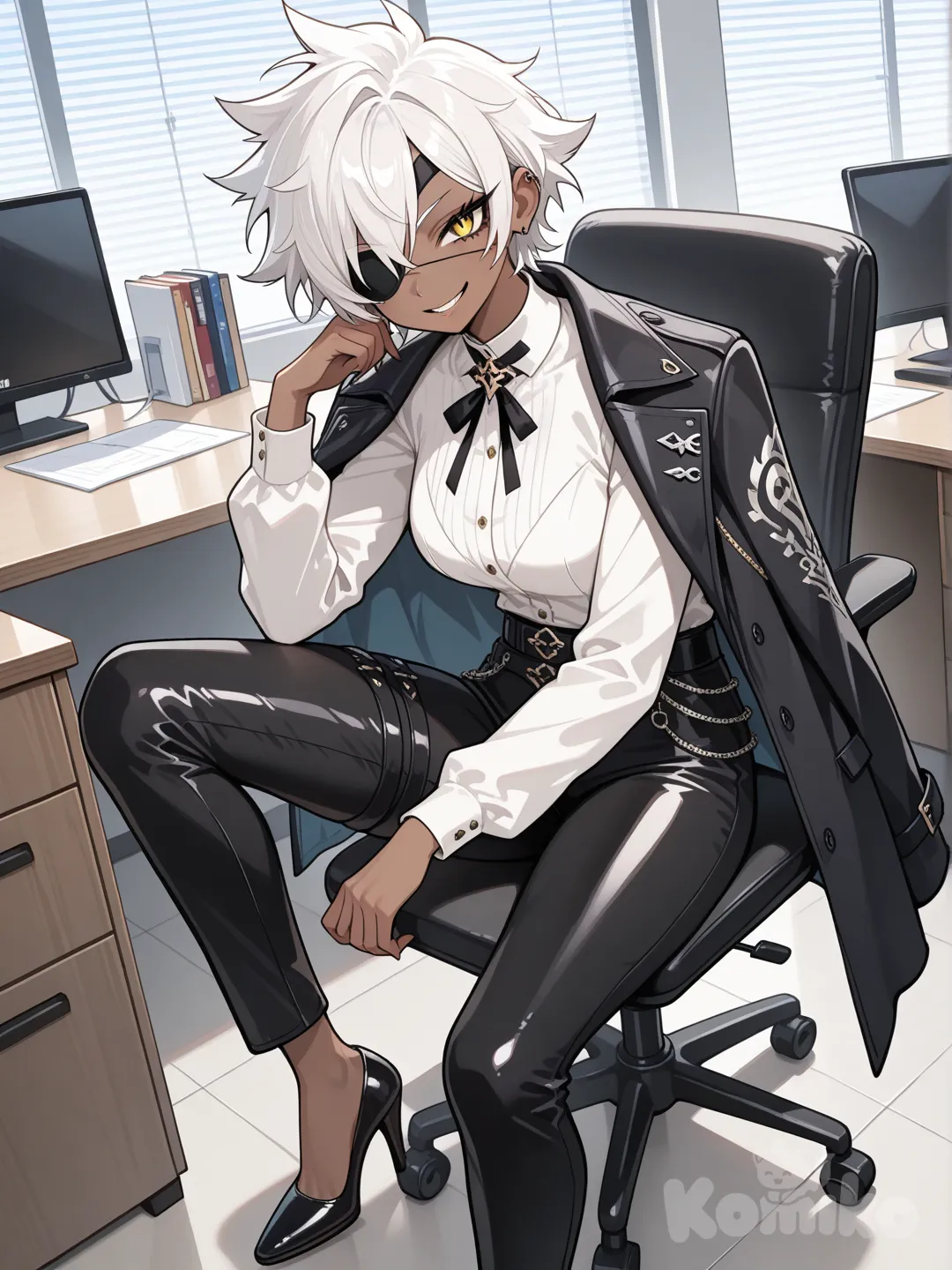 A woman with dark skin, a confident face, sharp eyes, short white hair spiky to her neck, an eye patch over her right eye, elegant clothes, a coat draped over her shoulders, a white outfit, leather pants, and high-heeled shoes, in her office.