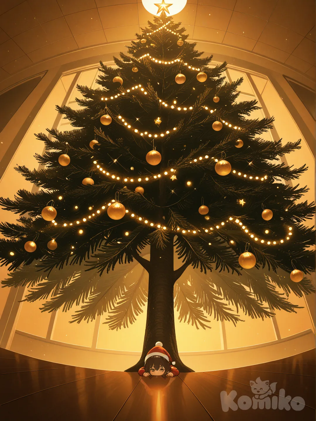 Cute little girl decorating a giant Christmas tree by placing the star on top, bottom-up perspective, anime style, photographic lighting, anime style, semi-realism