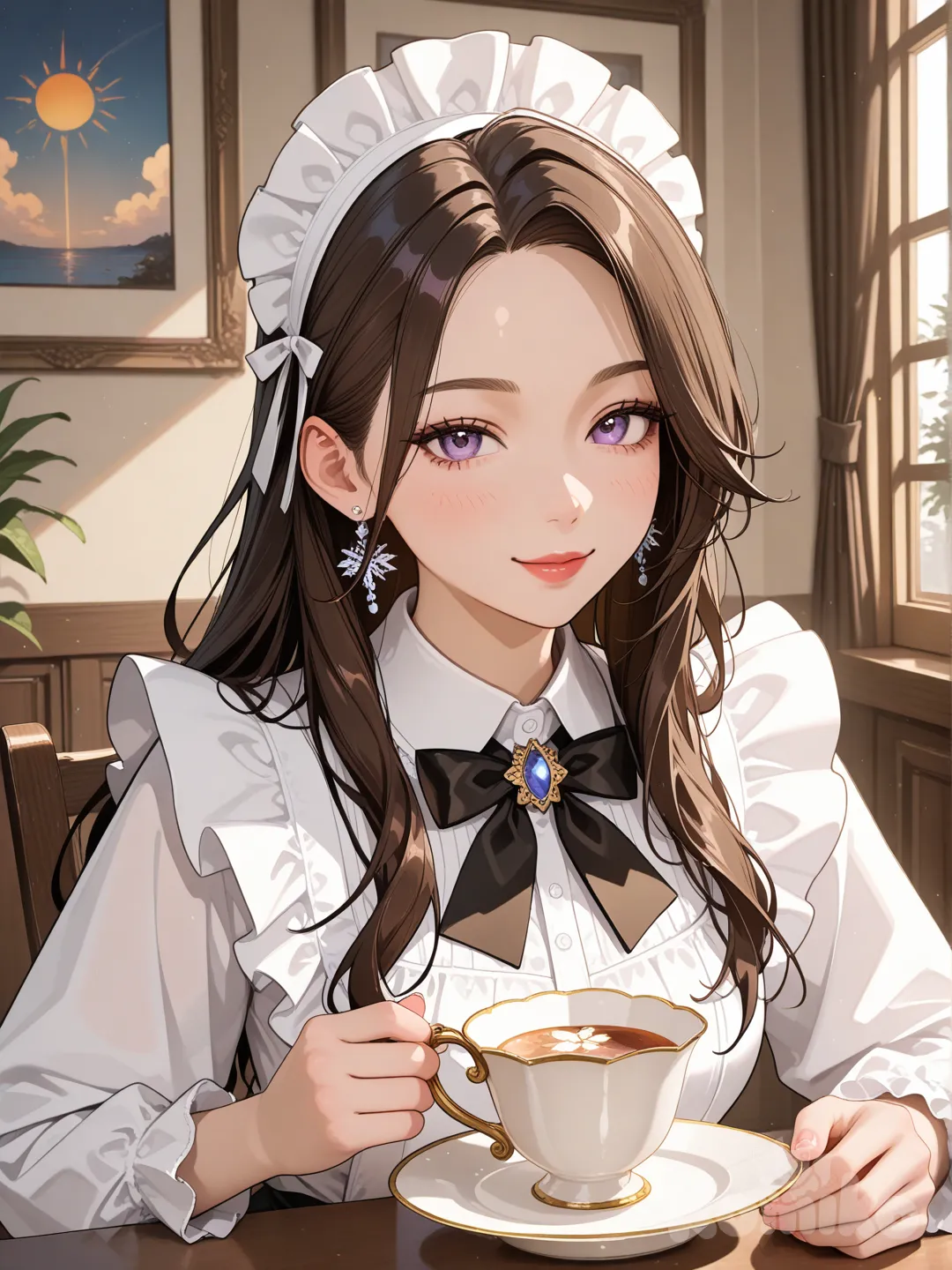 Employee having afternoon tea, afternoon sun, realistic depiction, 3D, very anime.