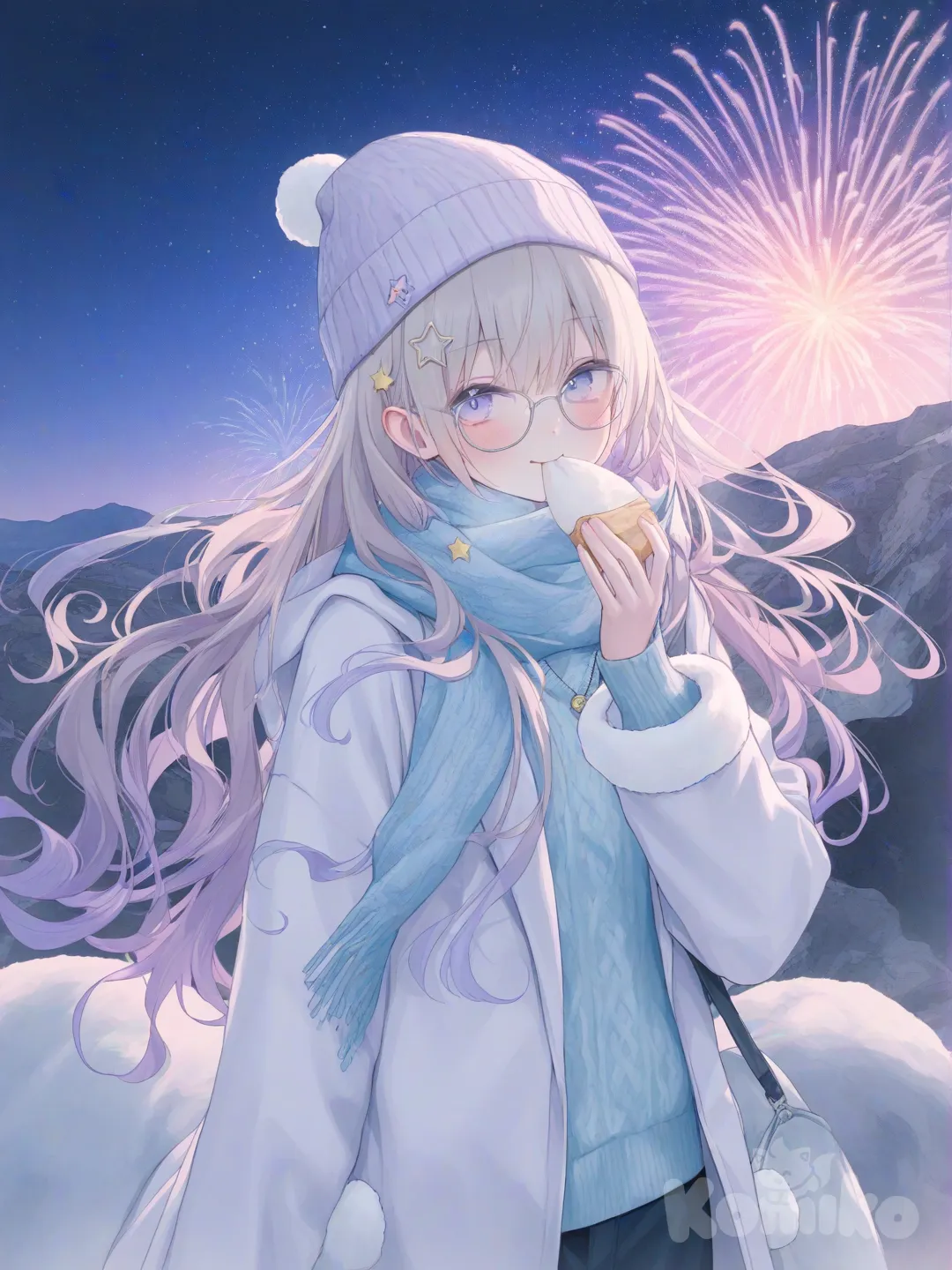 Eating mochi with fireworks