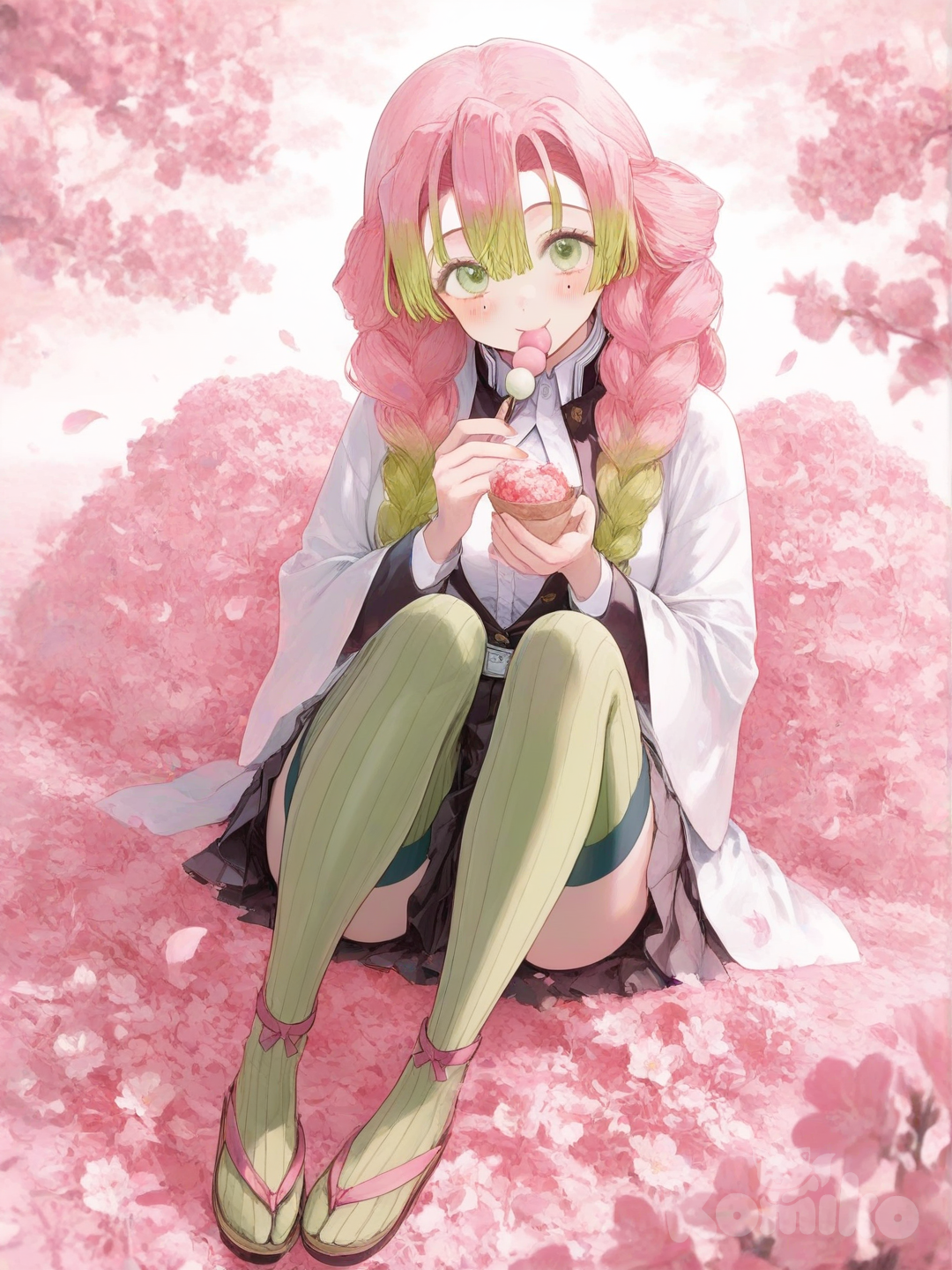 mitsuri eating dango in a sakura tree
