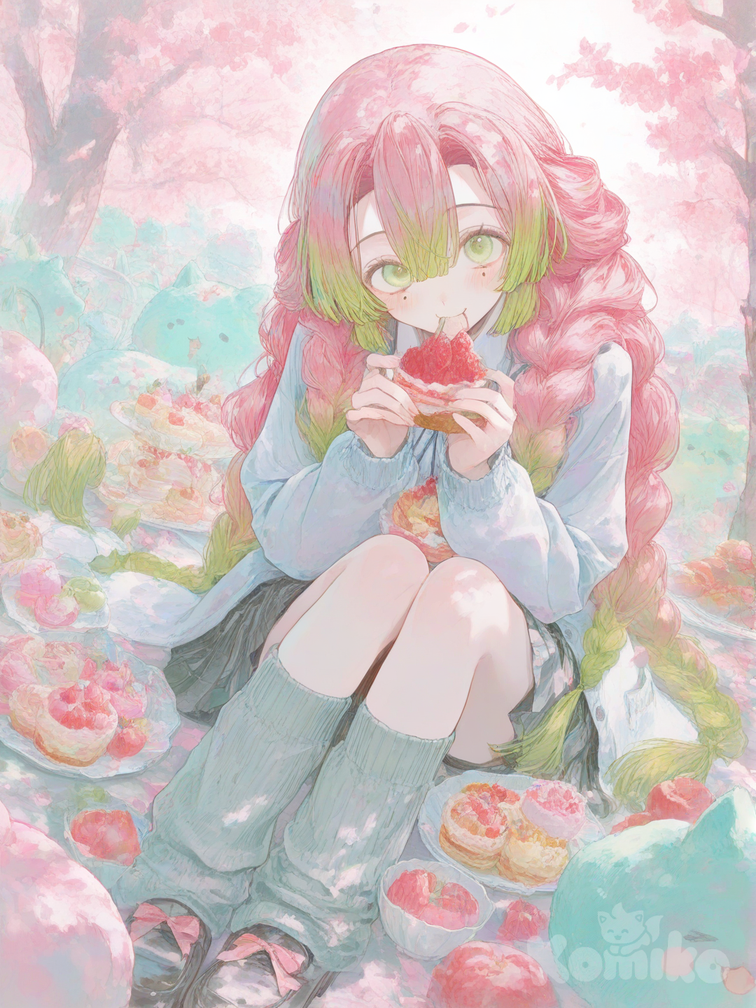 mitsuri enjoying a mountain of desserts