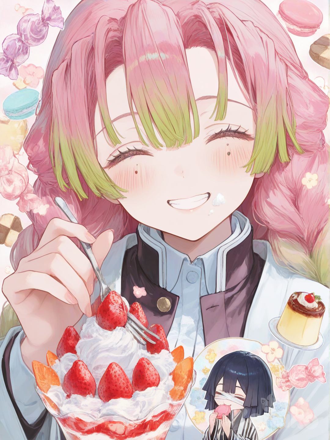 mitsuri eating sweets with obanai