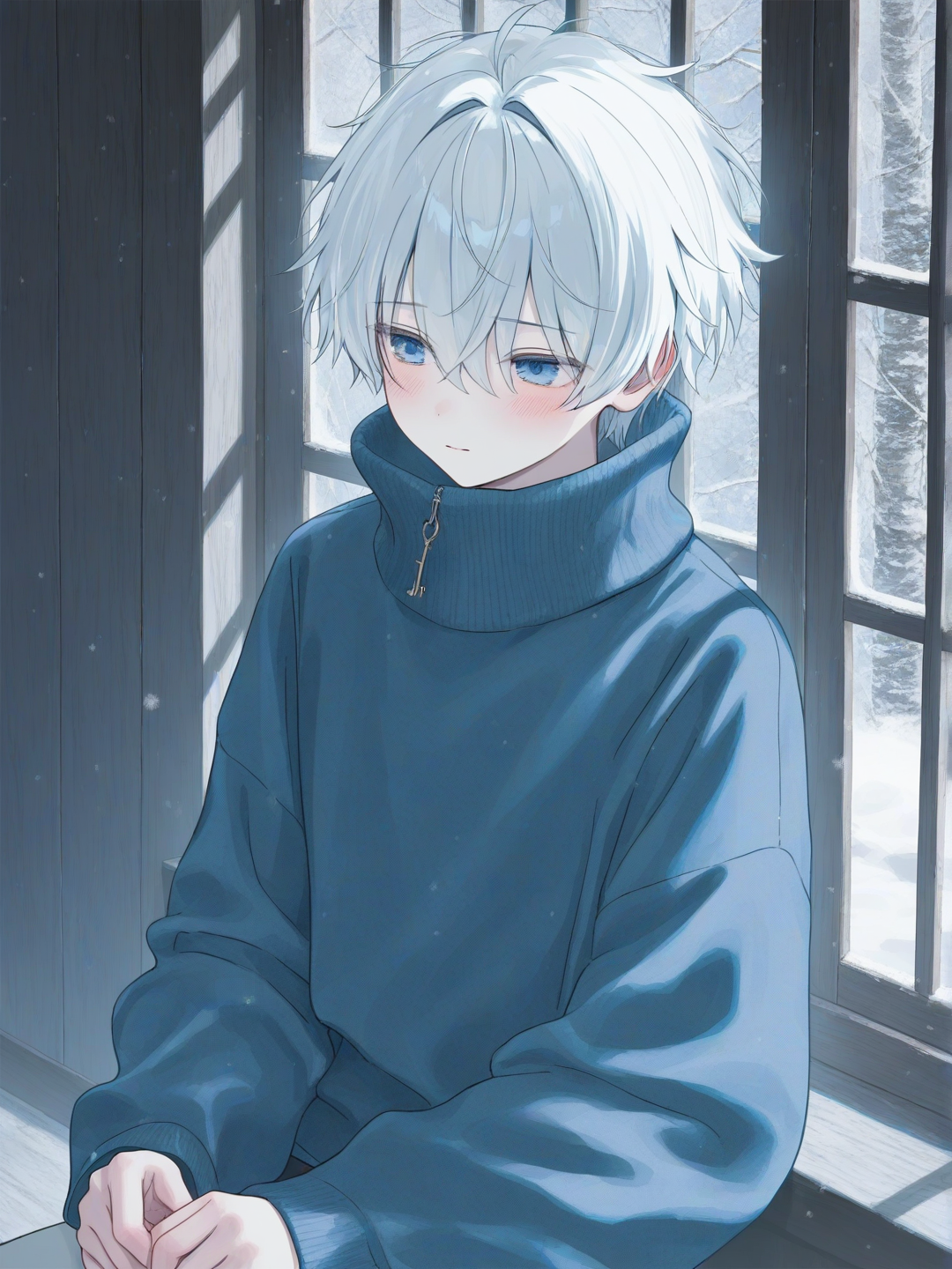 1boy, solo, short hair, very messy loose hair, white hair, very pale blue eyes, pale skin, shy, soft blushing, turtleneck, sweater, navy blue sweater, high collar, cabin interior, window, frost, snow, winter, forest background, soft lighting, indoor lighting, absurdres, anime illustration, ultra-1boy, handsome young male, messy white hair with soft bangs framing his face, pale skin, light blue eyes looking slightly downward with an introspective, shy expression, avoiding eye contact, subtle blushing cheeks, wearing an elegant dark navy blue high-collared turtleneck sweater with intricate silver embroidery along the neckline, oversized sleeves, sitting by a frost-covered window inside a cozy wooden cabin, snowy winter forest landscape visible outside through the glass, soft warm indoor lighting contrasting with the cool blue winter light from outside, floating dust motes, magical and melancholic atmosphere, high contrast, muted color palette with pops of silver and ice blue, crisp line art, key visual, 8k resolution, closeup, [soft-pastel-style]