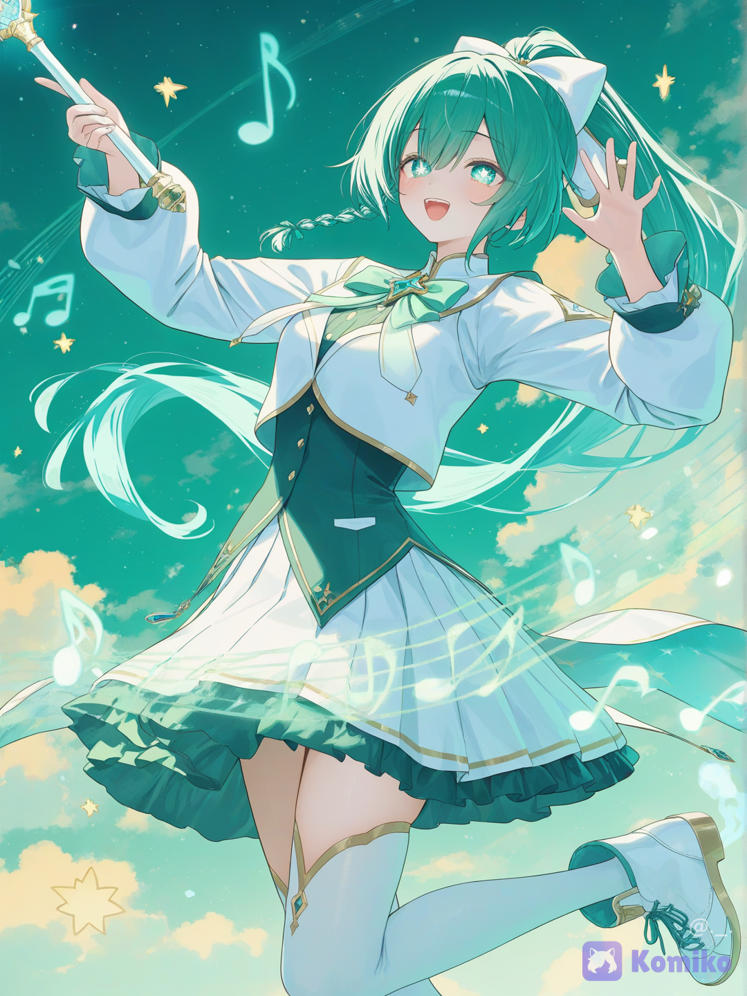 ultra-whimsical high-concept layout, cinematic medium-shot composition, crisp clean line art, professional digital anime illustration. Kawaii magical girl style, vibrant pastel color palette. Sharp anime cell shading with glowing luminous highlights. Magical high-contrast bloom effects, sharp focus on the character, highly complex and uniquely layered cute environmental backdrop, [soft-pastel-style], @kazamiya-runa-2xdW, young female magical girl in an elegant, rhythmic standing conductor pose, standing on one tip-toe with her body arched gracefully, a joyful, open-mouthed laugh on her face and wide, glittering teal-green eyes, right hand is raised high, holding a slender, glowing white magic wand like a music conductor's baton, tracing a shimmering light trail through the air, left hand is held out to the side with fingers splayed elegantly, directing the scenery, long voluminous mint-green hair flows behind her in rhythmic wave-like motions, featuring two tight side braids and a high ponytail secured by a white silk bow, wears her intricate green and white magical uniform: a crisp white long-sleeved undershirt with fitted cuffs, layered beneath a sleeveless mint-green vest with a high collar, silver lining accents, and a gold leaf brooch, pleated white mini skirt flutters dynamically with her movement, complemented by opaque white thigh-high stockings and white athletic sneakers with green leaf ornaments, set inside a dreamlike celestial music conservatory built on pastel clouds, floating all around her are giant, glowing mint-green treble clefs, oversized piano keys made of translucent white crystal that light up, and bouncing pastel-yellow star shapes that act as musical notes, swirling around the character is a glowing staved music sheet made of mint-green light ribbons, with tiny, cute star-shaped spirits sliding down the lines like a playground, sky is a deep twilight indigo mixed with seafoam green, filled with gentle, swirling wind currents that carry glittering stardust, sparkling musical clefs, and soft pastel sparkles