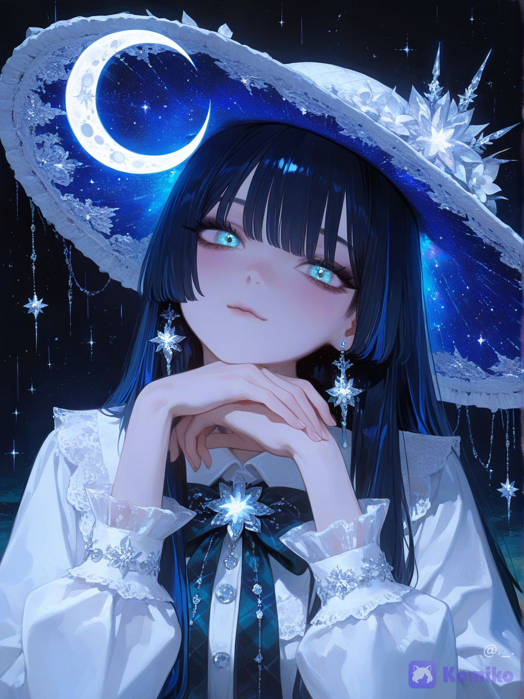 [sensual-glossy-style], breathtaking anime illustration, hyper-digital painting, crisp lineart, volumetric lighting, intricate details, sharp focus, cinematic composition, high-contrast values, luminous shading, 1girl, closeup portrait, upper body, looking at viewer, head in hands, palms cupping cheeks, resting chin on hands, large expressive deep blue eyes, glittering crystalline irises, starry cosmic eye details, long dark lashes, delicate black hair, straight hime cut bangs, long wispy strands framing the face, dark blue hair highlights, subtle lip gloss, calm neutral expression, wearing a wide-brimmed straw sun hat, plaid patterned hat fabric, dark blue metallic silk ribbon on hat, large white fabric flowers with jeweled centers on hat brim, dangling silver and white flower earrings with small pearls, high-collared white Victorian blouse, intricate floral lace overlays, frilled structured cuffs with small silver buttons, oversized dark blue satin bowtie, ornate silver flower brooch with crystal rhinestones, shimmering blue galaxy pattern dress, glittery fabric textures, sitting inside a celestial glass observatory, surrounding night sky filled with a glowing cosmic nebula, swirling deep blue and violet galaxies, twinkling shooting stars, shimmering crystalline glass reflections, faint glowing stardust floating in the air, magical ethereal night atmosphere, distant glowing crescent moon, perfect harmony with character outfit
