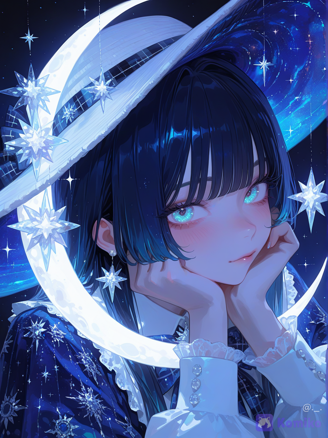 [sensual-glossy-style], breathtaking anime illustration, hyper-digital painting, crisp lineart, volumetric lighting, intricate details, sharp focus, cinematic composition, high-contrast values, luminous shading, 1girl, closeup portrait, slight side profile, upper body, looking at viewer, head in hands, palms cupping cheeks, resting chin on hands, large expressive deep blue eyes, glittering crystalline irises, starry cosmic eye details, long dark lashes, delicate black hair, straight hime cut bangs, long wispy strands framing the face, dark blue hair highlights, subtle lip gloss, calm neutral expression, wearing a wide-brimmed straw sun hat, plaid patterned hat fabric, dark blue metallic silk ribbon on hat, large white fabric flowers with jeweled centers on hat brim, dangling silver and white flower earrings with small pearls, high-collared white Victorian blouse, intricate floral lace overlays, frilled structured cuffs with small silver buttons, oversized dark blue satin bowtie, ornate silver flower brooch with crystal rhinestones, shimmering blue galaxy pattern dress, glittery fabric textures, sitting inside a celestial glass observatory, surrounding night sky filled with a glowing cosmic nebula, swirling deep blue and violet galaxies, twinkling shooting stars, shimmering crystalline glass reflections, faint glowing stardust floating in the air, magical ethereal night atmosphere, distant glowing crescent moon, bright moon that makes skin light up a bit, perfect harmony with character outfit