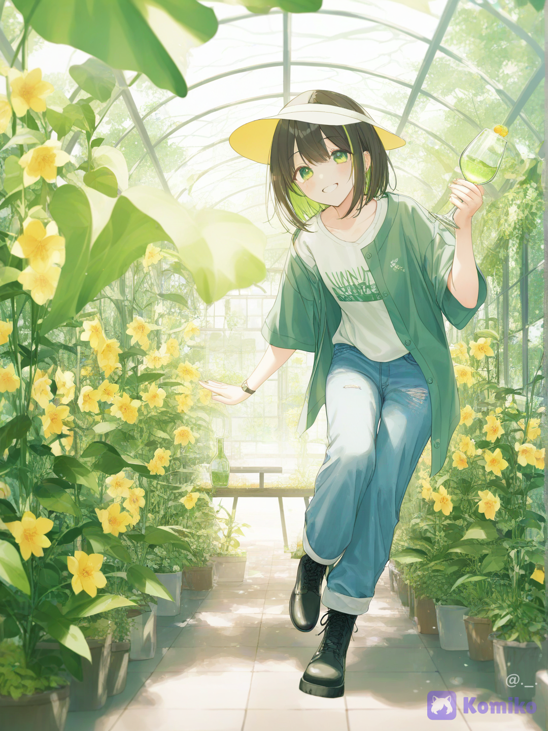[soft-pastel-style], ultra-masterwork anime art style, vivid mint greens and bright whites, soft glass reflections, beautiful depth of field, cinematic lighting, bright morning sunbeams, 1girl, solo, looking at viewer, cheerful energetic grin, bright emerald-green eyes with greenhouse pane reflections, short messy chestnut-brown hair with pale lime-green under-highlights, canvas sun visor, breezy casual spring streetwear, loose unbuttoned sage-green overshirt, white graphic tee underneath, rolled-up denim jeans, leather work boots, dynamic pose, holding a glass plant mister bottle high in her left hand, mid-spray angle, leaning playfully against a white iron potting bench, bench showing terra-cotta pots and blooming yellow daffodils, scenic glass greenhouse interior background, hanging fern baskets, rows of exotic tulips and climbing monstera vines, a shower of drifting golden pollen particles catching the light, hot brilliant morning sun filtering through the glass panels