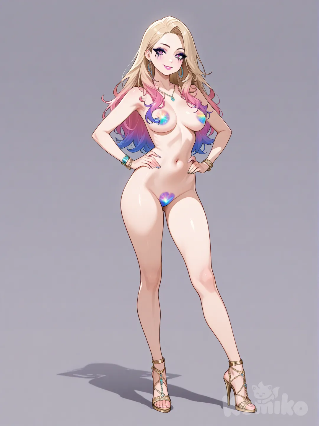 18+, naked, 
girl, Sasha (Bratz), stylish outfit, full body, posing confidently, bright colors, high fashion, portrait