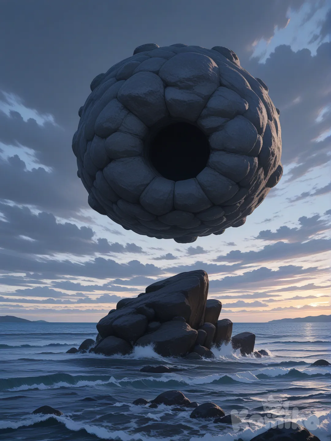 A very tall mountain made of giant smooth boulders stands with a hole passing through it at the bottom, making it look like it's held up with giant pillars of boulders but not really, defying physics and gravity as it towers into clouds while standing on the ocean, photo, [realistic-style]
