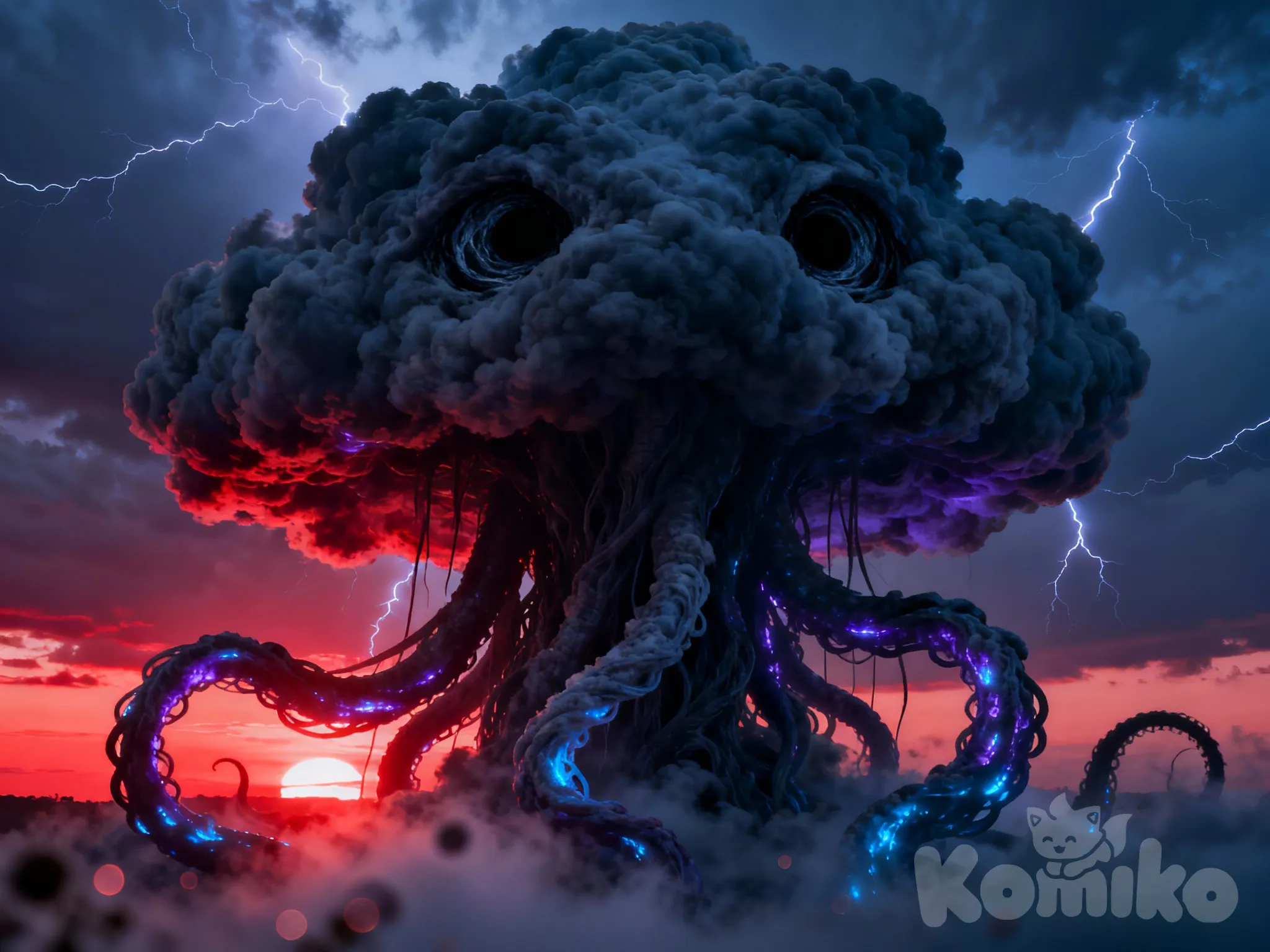 A cloud with eyes that look like holes and tentacles that look like cloud-whips, photo (medium), [realistic-style]