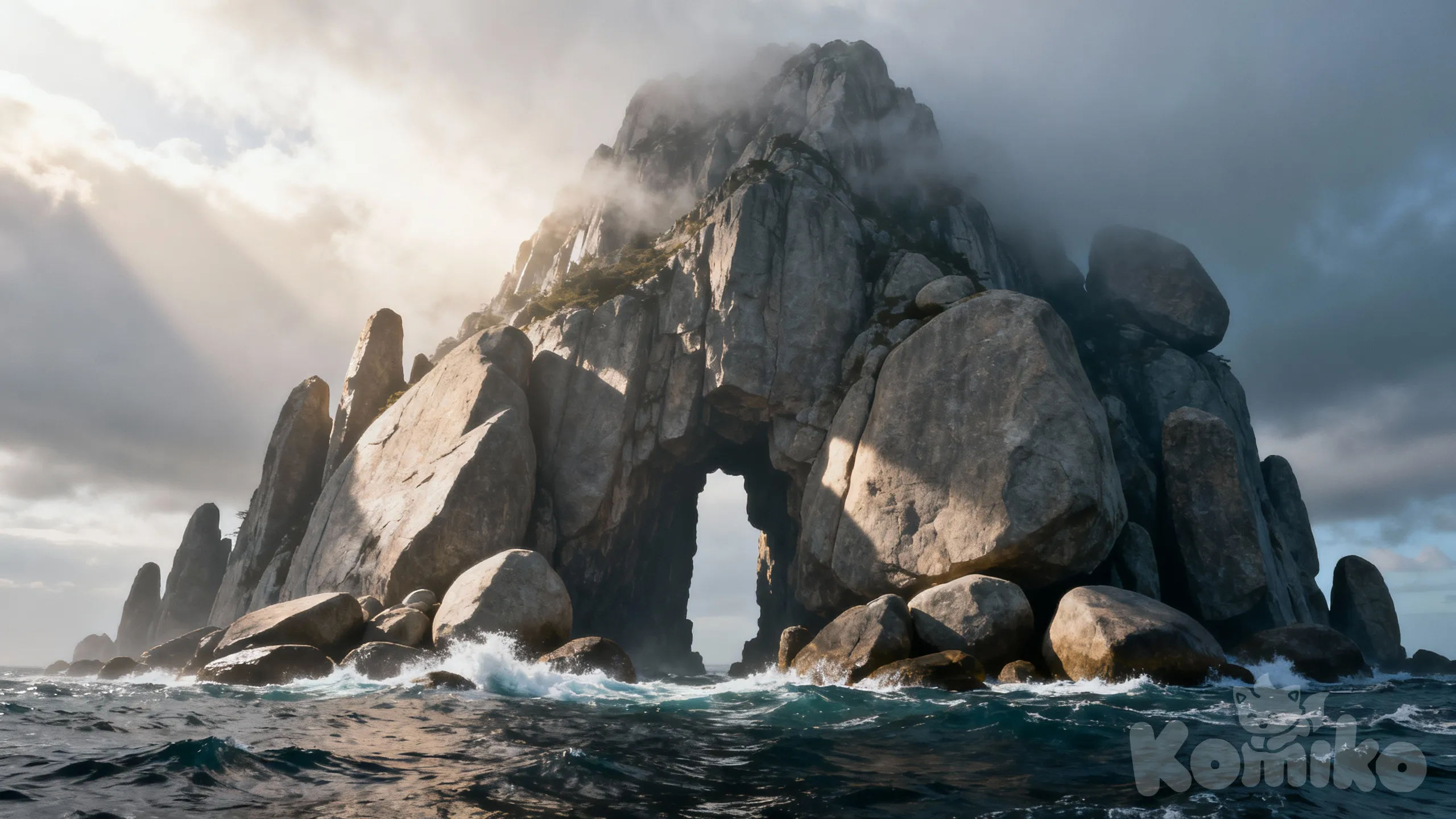 A very tall mountain made of giant smooth boulders stands with a hole passing through it at the bottom, making it look like it's held up with giant pillars of boulders but not really, defying physics and gravity as it towers into clouds while standing on the ocean, photo, [realistic-style]