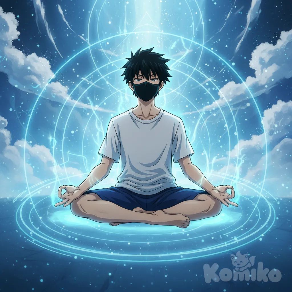 a young man meditating in a lotus position, wearing a mask, a white t-shirt and blue shorts, surrounded by glowing blue energy anime art style, mystical and serene atmosphere, high detail, dynamic lighting effects.