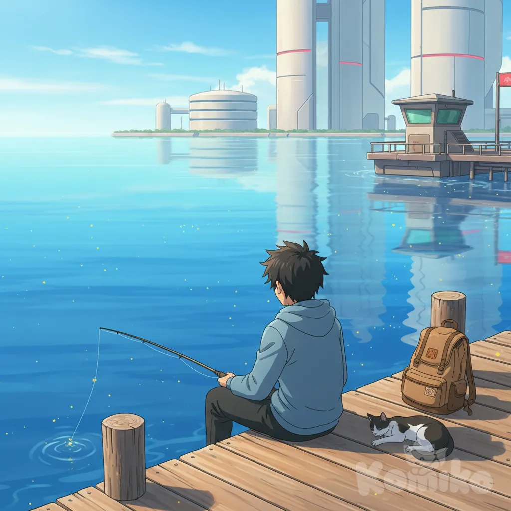 The scene depicts a serene yet futuristic waterfront setting. A young person with dark, tousled hair sits on the edge of a wooden dock, facing a calm, bright blue body of water. They are dressed in a light blue hoodie and dark pants, holding a fishing rod that extends out over the water, its line disappearing into the gentle ripples below. The individual appears contemplative, with their back to the viewer, adding a sense of solitude to the moment.
Beside them, a black-and-white cat with a sleek coat lies relaxed on the dock, its body stretched out comfortably with its tail curled slightly. The cat's presence adds a touch of warmth and companionship to the scene. Nearby, a brown backpack with a small orange patch rests on the wooden surface, suggesting the person might be on a journey or outing.
The backdrop features an impressive futuristic cityscape. Towering structures rise from the water's edge, characterized by sleek, cylindrical designs with smooth, light-colored surfaces. The buildings have a modern, almost otherworldly aesthetic, with horizontal lines and occasional red accents breaking the uniformity. One prominent structure on the right side of the image has a multi-level platform with a small control booth or observation deck, featuring a green panel and a red sign, adding to the sci-fi ambiance. The sky above is mostly clear with a few soft, scattered clouds, and the sunlight casts gentle shadows, enhancing the peaceful mood.
The water itself is dotted with tiny yellow specks, possibly fish or reflections, adding life to the scene. The overall color palette is dominated by blues and soft neutrals, creating a harmonious and tranquil atmosphere that blends the natural elements of the water and dock with the advanced architecture of the city.