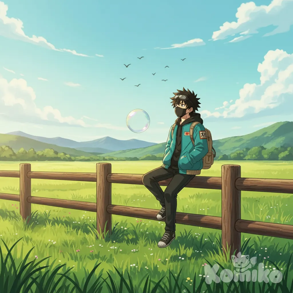 The scene unfolds in a serene, expansive countryside landscape, bathed in bright, natural daylight with a clear blue sky dotted with fluffy white clouds. The figure is posed casually, sitting on a rustic wooden fence that stretches horizontally across the foreground, with one leg bent and resting on the lower rail while the other dangles freely. The posture is relaxed, with the body slightly turned to the side, and both hands resting in the lap or on the fence, suggesting a moment of calm contemplation. A single large, iridescent bubble floats near the figure, adding a whimsical touch to the tranquil setting.
The background features rolling green hills covered in lush vegetation, fading into distant mountains under the expansive sky. A flock of birds soars gracefully across the upper part of the image, enhancing the sense of openness and freedom. The camera angle is at eye level, providing a straightforward, immersive view of the scene, while the point of view (POV) is that of an observer standing in the field, looking directly at the figure and the vast landscape beyond. The vibrant green grass, sprinkled with small wildflowers, stretches out in all directions, creating a peaceful and inviting atmosphere.