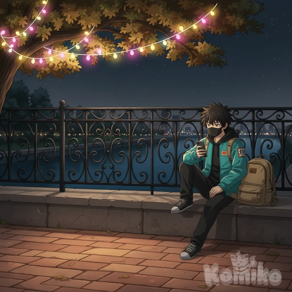 The scene depicts a tranquil nighttime setting along a waterfront promenade or canal, with a dark blue body of water reflecting faint lights in the background. The foreground features a brick-tiled walkway in warm reddish-brown tones, showing some shadowing and wear. A low stone or concrete ledge runs parallel to the water, topped with an ornate black metal railing featuring decorative scrollwork patterns. Overhanging from the upper left is a lush tree branch adorned with string lights or fairy lights, glowing softly in pink, yellow, and white, with leaves in autumnal shades of green, gold, and red. The atmosphere is calm and dimly lit, suggesting a peaceful evening with distant city lights fading into the horizon.
The figure is seated casually on the ledge, facing slightly to the right of the frame, with their upper body leaning forward and head tilted downward, engrossed in their cellphone. Their left leg is bent and planted on the ledge for support, while the right leg extends outward and slightly downward, with the foot resting on the tiled ground below. The left arm rests relaxed along the thigh, and the right hand holds the cellphone close to the lap, fingers engaged with the device, indicating active use or scrolling. The pose conveys a moment of focused attention on the phone, blending the serene outdoor setting with a modern, introspective activity.