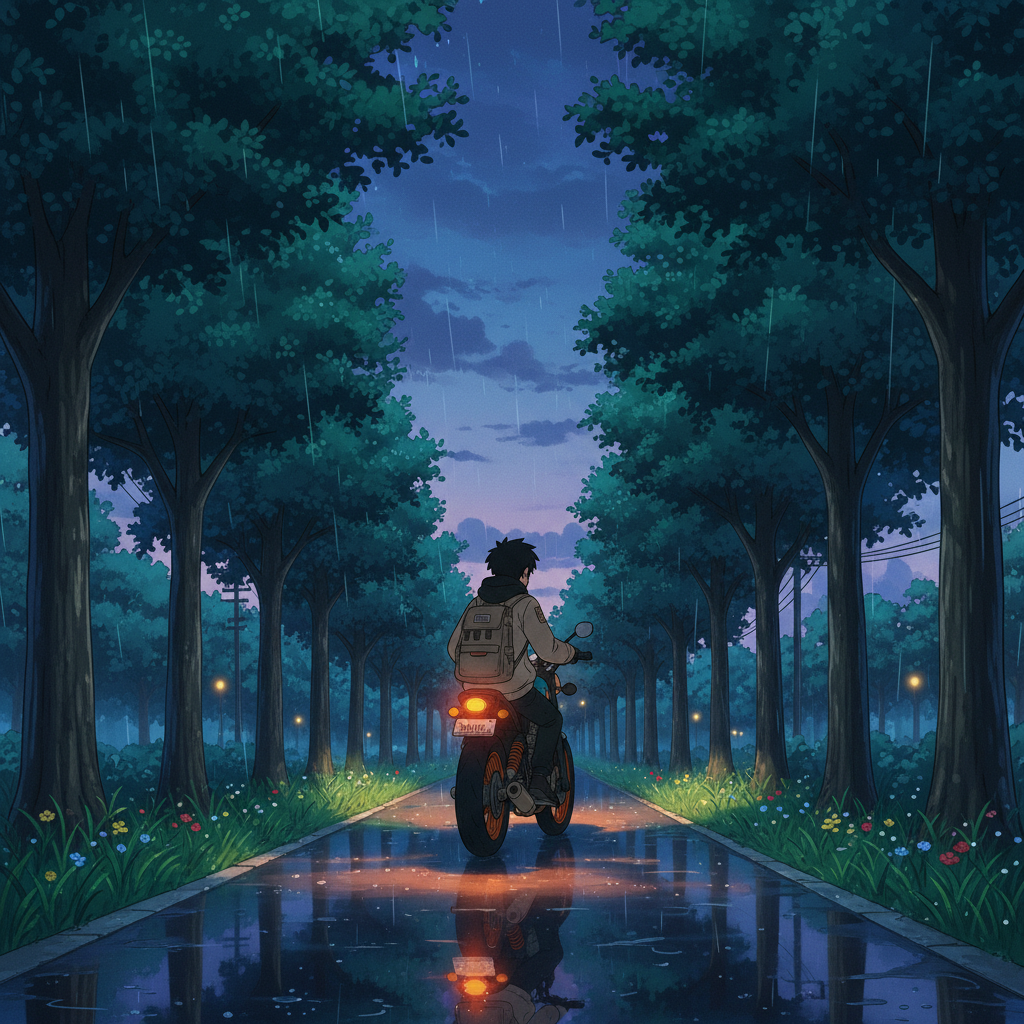 The image portrays a dreamy, atmospheric scene of a person riding a motorbike along a wet path in a lush, tree-lined landscape. The cyclist, seen from behind, is dressed in a light-colored jacket and dark pants, with a backpack slung over one shoulder. The bicycle's rear light glows a warm orange, illuminating the rider against the dim surroundings. The path is slick with rain, reflecting the soft glow of the light and creating a mirror-like effect on the ground.
The path is flanked by vibrant green grass and clusters of small, colorful wildflowers, their delicate hues adding a touch of brightness to the scene. Towering trees with dense, dark foliage arch overhead, their branches forming a natural canopy. The leaves glisten with raindrops, and faint specks of light filter through, suggesting a misty or early evening setting. In the distance, additional trees and power lines stretch across the horizon, with subtle lights from unseen buildings or streetlights dotting the background, adding depth.
The sky above is a gradient of deep blue and purple, hinting at dusk or a stormy atmosphere, with a few faint streaks of light breaking through the clouds. The overall color palette is rich with cool tones—blues, greens, and purples—contrasted by the warm orange of the bicycle light and the subtle glow of the reflected lights. The scene evokes a sense of quiet solitude and serene beauty, enhanced by the reflective wet surface and the ethereal quality of the lighting.