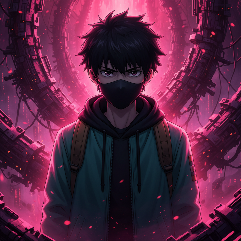 The image features a dramatic, high-contrast composition dominated by deep purples, magentas, and glowing pinkish-red hues. The central figure occupies the middle of the frame in a medium close-up shot, filling most of the vertical space from the chest upward, with the face positioned slightly above the center line.

Behind and around the figure is a chaotic, surreal background filled with large, mechanical structures resembling something you would see in the matrix movies, These elements appear to emerge from or float in a misty, ethereal void, creating a sense of depth and envelopment. Bright, intense lighting emanates from behind and below, casting a strong glow that illuminates the scene with an otherworldly, almost apocalyptic atmosphere. The overall color palette is dark and saturated, with heavy shadows and highlights that emphasize the ominous, fantastical setting.