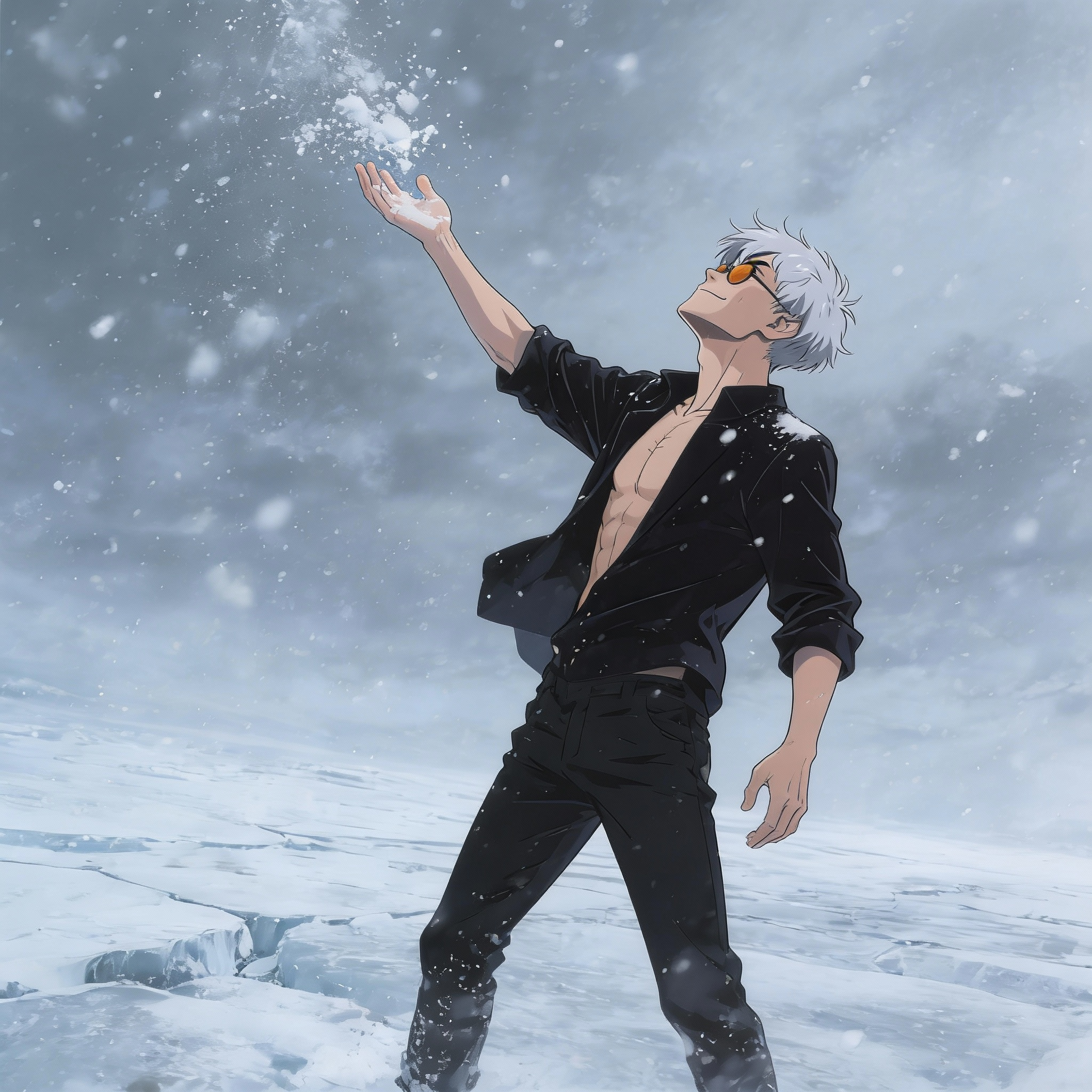 The image depicts a vast, frozen landscape under a overcast gray sky, with dense snowfall filling the air and blanketing the cracked icy ground below, creating a serene yet desolate winter atmosphere.
The figure is positioned centrally in the frame, captured in a full-body, three-quarter side view from a low angle that emphasizes height and isolation against the expansive surroundings.
The pose is open and receptive: the body stands tall with legs slightly apart for balance, head tilted back to face the sky, one arm extended forward and upward with the palm open as if catching falling snow, while the other arm hangs relaxed at the side with the hand loosely open. The overall composition conveys a moment of quiet wonder or surrender to the elements. anime style, anime screencap