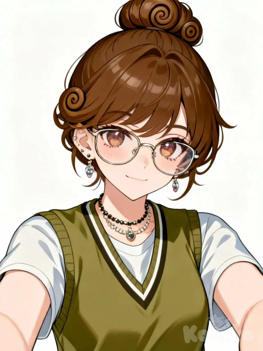 @Hu_Tao_(Genshin_Impact), [lacquered-illustration-style], selfie, kawaii, anime screencap, anime coloring, comic shading, t-shirt, school vest, olive green, bun, brown hair, medium hair, spiral curls, jewelry, glasses, looking at viewer, @luna-ribeiro-Gcej, 1girl
