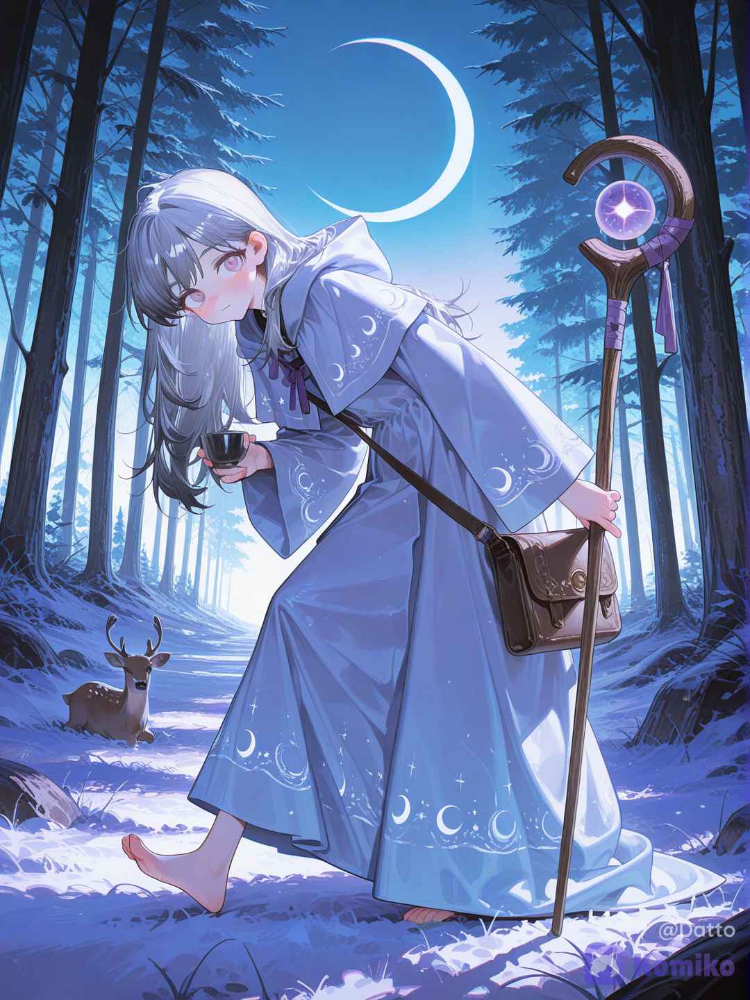 @aris-taitsu-Hi38, 1girl, 18+, solo, young adult, slender body, soft features, pale warm skin, long silver hair, slightly messy hair, soft bangs, blue gradient eyes, tired gentle eyes, oversized dusty lavender witch robe, slightly too long dragging at hem, wide sleeves covering hands completely, small crescent moon embroidery on chest, soft white underdress peeking at collar, worn leather satchel at side, tiny glowing familiar orb floating nearby, crooked wooden staff, suddenly noticed by someone unexpected, caught off guard mid sip of warm ceramic cup held with both sleeved hands, eyes gone slightly wide over cup rim, cheeks flushed pink from being looked at, shoulders instinctively pulling inward, not running just freezing like a deer, gaze meeting viewer over cup edge uncertain whether to smile or look away, doing both halfway, one foot turned slightly inward, hair falling forward partially hiding one flushed cheek, soft foggy forest clearing, warm dappled light, quiet magical atmosphere, anime style, soft lighting, cinematic composition, cool color palette, eyes, clean lineart, subtle glow, high detail, [high-gloss-illustration-style]
