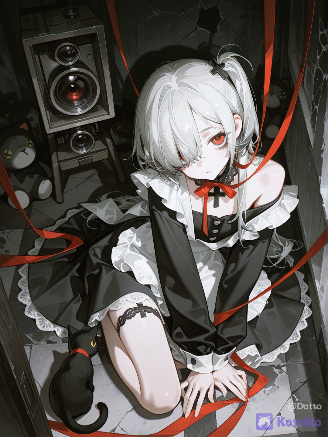 1girl, 18+, young adult, slim delicate figure, pale porcelain skin, long white hair, loose with uneven layers, few strands falling over one eye, sharp crimson red eyes, cracked glass pattern in irises, thin dark limbal ring, soft features that feel slightly off somehow, faint shadows under eyes, deconstructed gothic maid dress, deep charcoal black base, asymmetric layered skirt uneven hemline, one side floor length one side mid thigh, tattered lace trim at edges, single crimson ribbon tied loosely at collar, off center apron detail, dark buttons misaligned intentionally, long sleeves with frayed cuffs, one sleeve slightly slipping off shoulder, pale collarbones visible, small dark cross pin accessory, sitting on floor with knees pulled loosely to chest, arms wrapped around knees not hugging just resting, small black cat plushie held loosely in one hand dangling at side, not clutching just holding like she forgot it was there, head tilted slightly resting on one knee, looking directly at viewer, expression completely neutral, eyes calm and unreadable, not inviting not rejecting just present, the kind of stillness that makes you unsure if she noticed you or looked through you, hair falling partially over face, dim cool single light source from above, deep shadow consuming everything around her, muted pale black and crimson accent palette, eerie quiet atmosphere, semi-realistic anime style, highly slightly elevated camera angle looking down at her, she looks up at viewer with same neutral unchanged expression, proximity feels close but emotional distance feels infinite, low angle upward gaze meeting downward camera, intimacy of distance, [high-gloss-illustration-style]