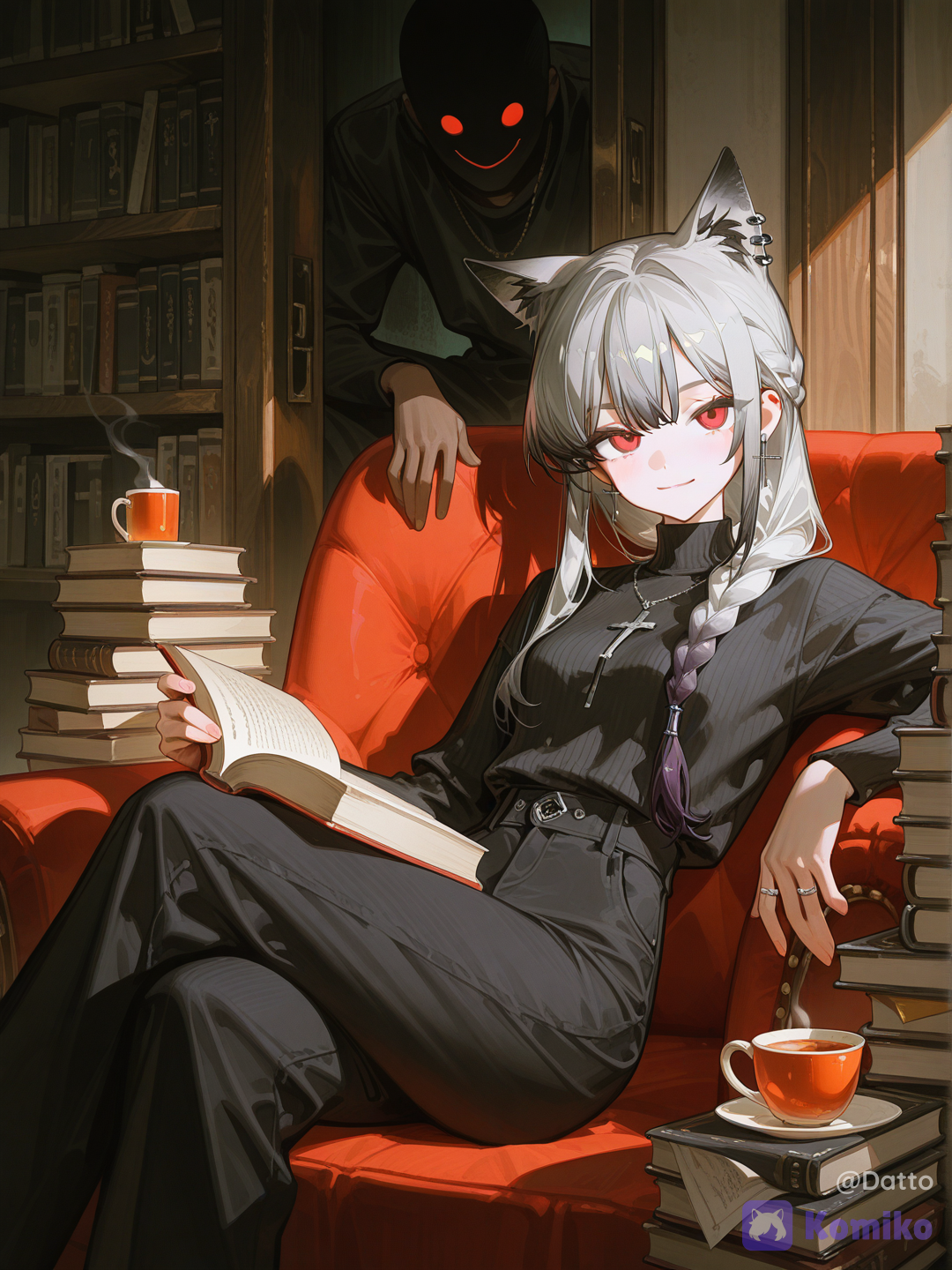 1girl, 18+, silver long hair, dark purple gradient tips, loosely braided one side resting over shoulder, few strands escaping naturally, sharp red eyes, warm and quietly amused expression, not performing intelligence just comfortable with herself, slender figure, soft dark fitted turtleneck, high waist wide dark trousers, small silver ear cuff, thin silver ring, minimalist, sitting cross legged on floor leaning back against low bookshelf, one arm resting loosely on knee, other hand holding open book face down forgotten mid read, looking up at viewer, expression caught between just realized you were watching me and does not entirely mind, slight natural smile not knowing smile, hair falling loose around her, soft warm ambient light from beside her, cool shadow on other side, small stack of books nearby, half empty cup of tea gone cold, simple lived in quiet space, no city no window no performance, just her in a moment that belongs to her, warm and cool tones mixing softly, semi-realistic anime style, highly[high-gloss-illustration-style]