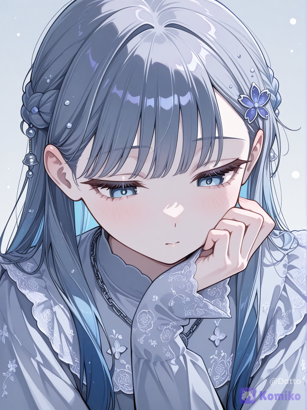 1girl, 18+, young adult, slim delicate figure, pale cool skin, long straight hair, muted dusty blue with subtle violet undertones, few strands falling forward framing face, soft bluebell shaped hair ornament tucked behind ear, pale blue violet eyes, downward resting gaze, heavy lidded, the kind of eyes that look at floors more than faces, soft features carrying quiet weight, expression neutral but not empty, the particular stillness of someone who chose to stop expecting, wearing long flowing dress, dusty blue layered fabric, sleeves slightly long covering wrists, hem trailing softly, small bell shaped buttons along collar, delicate bluebell embroidery along sleeve edges barely visible, single thin silver chain at collar, close up portrait centered heavily on face and upper body, few bluebell stems barely visible at very bottom edge of frame only, overcast soft diffused cool light, no harsh shadows, cool blue grey and muted violet palette, everything behind her softly dissolved into muted grey blue bokeh, she is the only clear thing in the frame, semi-realistic anime style, highly