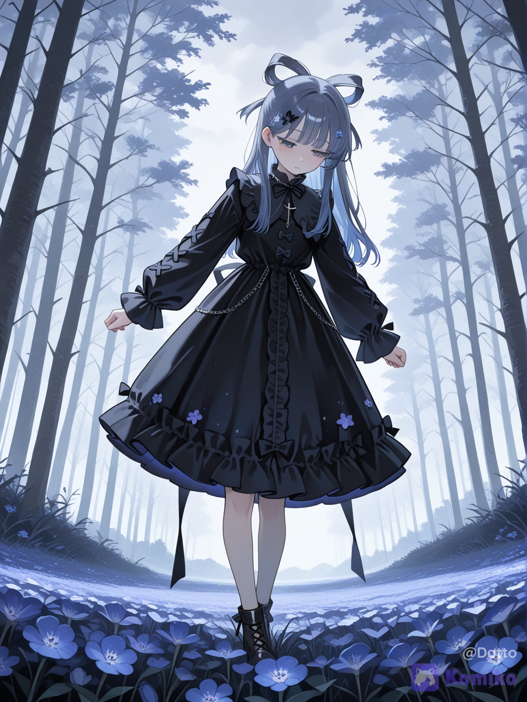 1girl, 18+, young adult, slim delicate figure, pale cool skin, long straight hair, muted dusty blue with subtle violet undertones, few strands falling forward framing face, soft bluebell shaped hair ornament tucked behind ear, pale blue violet eyes, downward resting gaze, heavy lidded, the kind of eyes that look at floors more than faces, soft features carrying quiet weight, expression neutral but not empty, the particular stillness of someone who chose to stop expecting, wearing long flowing dress, dusty blue layered fabric, sleeves slightly long covering wrists, hem trailing softly, small bell shaped buttons along collar, delicate bluebell embroidery along sleeve edges barely visible, no accessories except single thin silver chain barely visible at collar, standing alone at edge of forest clearing, surrounded by field of wild bluebells all around her feet, each flower hanging downward like her gaze, overcast soft sky, diffused cool grey blue light, no harsh shadows just even gentle melancholy light, she is not looking at the flowers not looking at anything, just present and apart, the flowers and her existing in the same quiet frequency, cool blue grey and muted violet palette, soft painterly atmosphere, semi-realistic anime style, highly