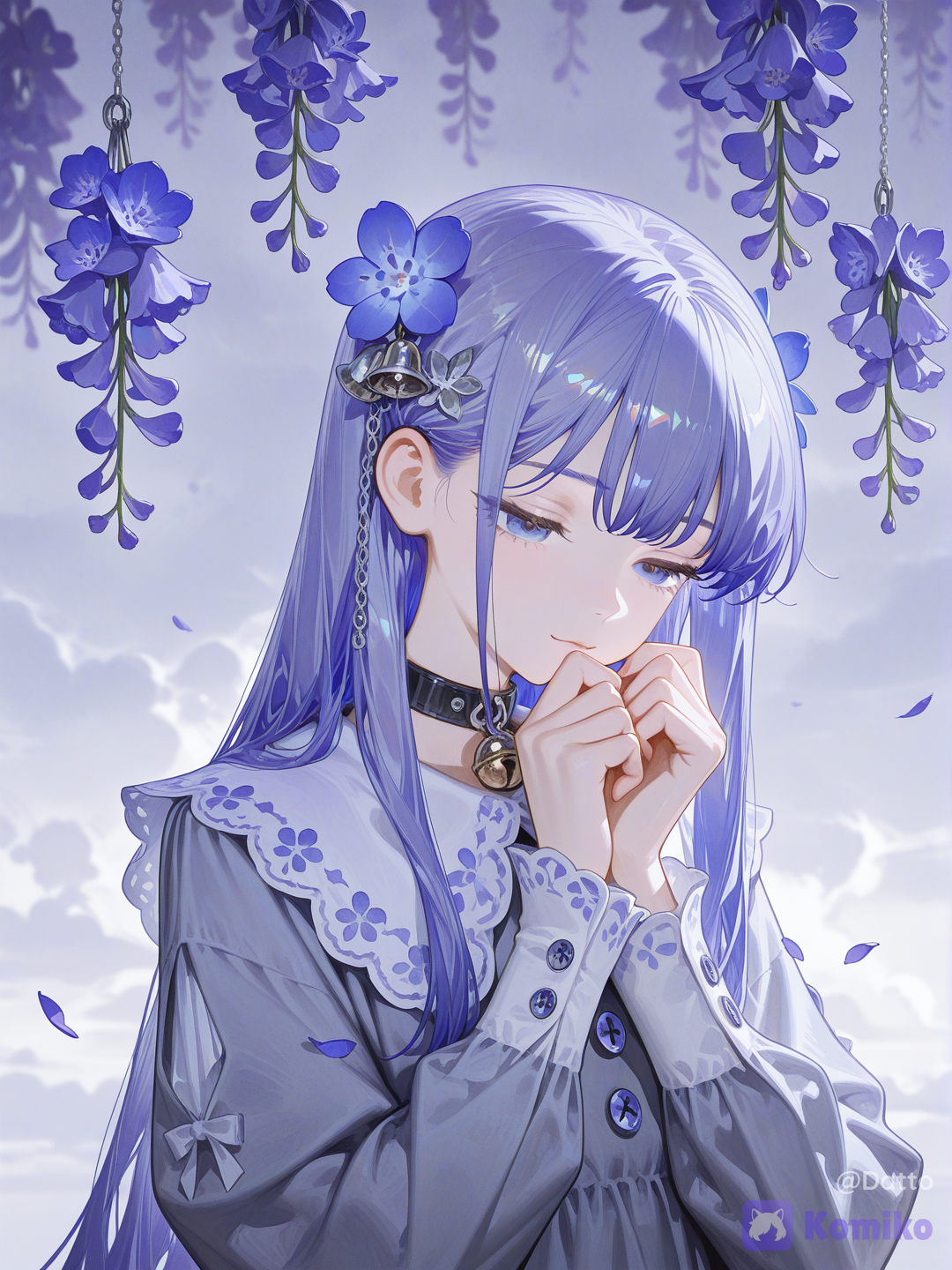 1girl, 18+, young adult, slim delicate figure, pale cool skin, long straight hair, muted dusty blue with subtle violet undertones, few strands falling forward framing face, soft bluebell shaped hair ornament tucked behind ear, pale blue violet eyes, downward resting gaze, heavy lidded, soft features carrying quiet weight, expression the particular stillness of someone who chose to stop expecting, wearing long flowing dress, dusty blue layered fabric, sleeves slightly long covering wrists, small bell shaped buttons along collar, delicate bluebell embroidery along sleeve edges, single thin silver chain at collar, close up portrait centered on face and upper body, cluster of wild bluebell stems rising naturally around her shoulders and framing her face from sides, each bell shaped flower hanging downward echoing her gaze, flowers painted in loose expressive brushwork, soft watercolor bleed at petal edges, her figure rendered more precisely than surroundings creating depth, overcast diffused cool light, painterly artistic atmosphere, loose expressive lineart, watercolor wash background, ink detail on figure, blue violet and grey palette, artistic illustration style, highly[high-gloss-illustration-style]