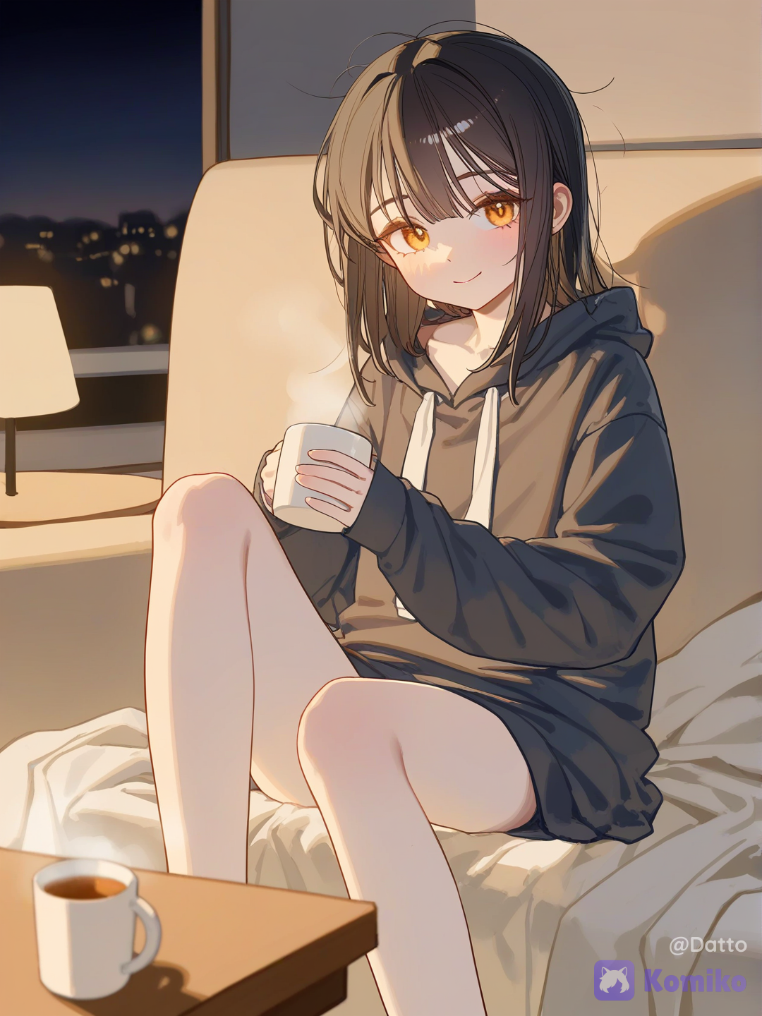 1girl, 18+, young adult, slim petite figure, soft features, slightly pale skin recovering warmth, medium length slightly messy hair, tired but slowly warming eyes, wearing oversized borrowed hoodie slightly too big for her, sitting cross legged on couch, both hands wrapped around warm mug, looking sideways toward POV with expression caught between old habit of wariness and new unfamiliar feeling of being at ease, small barely there smile she is not fully aware of yet, blanket draped over lap, soft indoor evening lighting, simple lived in cozy apartment, warm lamp light, window showing quiet street outside, second mug on table beside her suggesting someone just made tea for both of them without being asked, semi-realistic anime style, highly[lacquered-illustration-style]