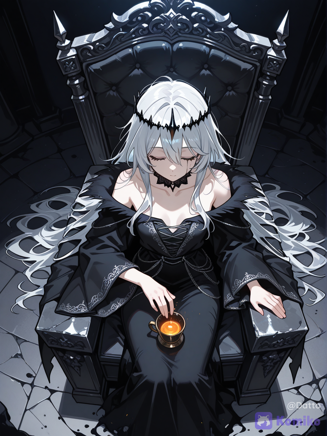 @aris-taitsu-Hi38,1girl, solo, young adult, slender body, soft features, pale warm skin looking almost luminous against the surrounding darkness, long silver hair cascading down in a tangled waterfall from where her head rests against the throne's base, soft bangs falling over closed eyes, eyes closed in deep unmoving sleep, gentle serene expression, faint dried tear-track long dried on one cheek, flowing pale sorcerer's robe with wide draping sleeves, once rich in color now faded and threadbare from centuries of stillness, high collar slipped loosely to one side exposing her collarbone, delicate silver embroidery of faded runic patterns barely catching any light, thin ornate circlet fallen loosely to rest against her brow rather than properly worn, slumped and collapsed against the base of a massive dark obsidian throne far too large for her, body tilted to one side, head lolled gently against the throne's armrest, one arm draped limply over the armrest with fingers loosely open, a tarnished silver cup fallen from her open hand, tipped over on its side beside her, a faint glowing liquid slowly seeping out from it and pooling across the floor, the glow dimming as it spreads further from the cup like a memory actively fading the moment it's released, dozens of translucent memory fragments drifting through the cavernous darkness around her, each one glowing in warm amber and gold, faint hazy scenes barely visible within them, sharply contrasting against the near-total black void of the hall, a single narrow beam of cold blue-white moonlight piercing down through an unseen crack far above, cutting cleanly through the darkness to fall directly across her face, collarbone, and the spilled glowing liquid, everywhere the beam does not touch consumed in absolute black shadow, the throne itself barely visible as a hulking silhouette against the dark, extreme chiaroscuro contrast between the cold moonlight, the warm amber memory glow, and the surrounding void, her figure the only source of visual warmth and clarity in an otherwise devouring darkness, dust motes suspended and glittering faintly within the moonbeam, distant unlit corridors and broken pillars fading into nothing beyond the throne, cinematic vertical composition emphasizing the overwhelming scale of the throne and darkness against her small collapsed form, dramatic high-contrast lighting, rich painterly shadows, semi-realistic anime style, subtle glow, clean lineart, high detail, the haunting stillness of a forgotten power sleeping alone beneath its own throne