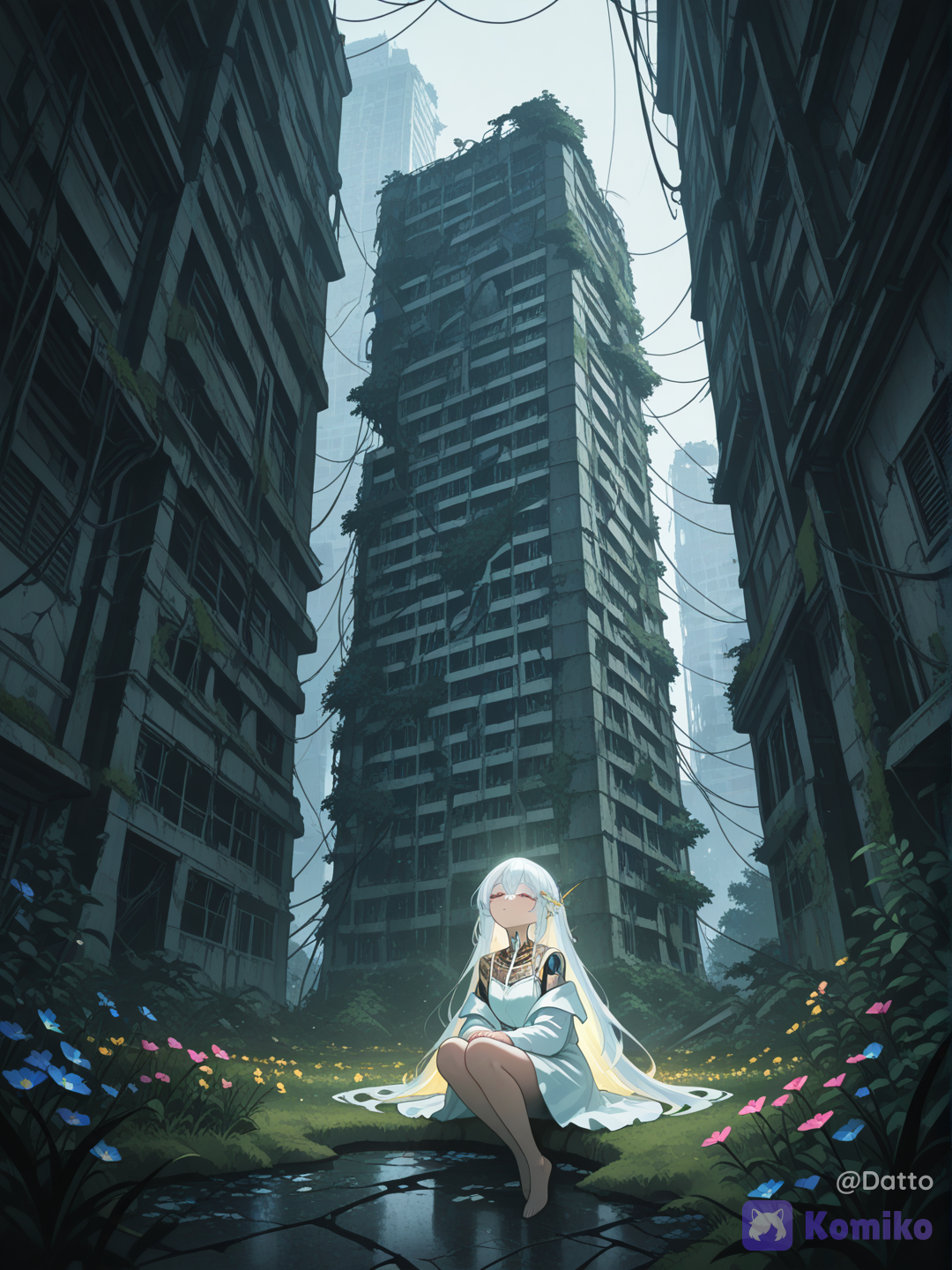 wide sweeping view of a once-magnificent smart city now collapsed, towering structures still standing but fractured and leaning, sleek futuristic architecture cracked open with skeletal frameworks exposed, massive collapsed sections revealing what used to be advanced infrastructure, dense overgrowth of vegetation consuming every surface, thick vines and creeping plants climbing up broken towers and support beams, countless bright flowers in vivid pink, blue, and yellow blooming through cracks in concrete and glass, moss and grass overtaking fallen debris and walkways, entire plazas reclaimed by lush greenery, scattered strands of exposed wiring hanging loose from broken conduits, frayed cables dangling from ceiling gaps long unmaintained, sparks long since dead, rusted metal frames intertwined with living plant growth, soft diffused light filtering through a canopy of leaves and broken glass ceiling panels, dust motes and floating seeds drifting through the air, distant silhouettes of half-standing skyscrapers fading into a hazy horizon, the eerie stillness of a place that thrived and then simply stopped, no signs of destruction or violence, only quiet reclamation and growth, 1girl, 18+, android, small figure seated at the very center of the frame amid the ruins and flowers, long flowing silver hair with faint glowing blue circuit patterns, porcelain fair skin, heterochromia with one teal eye and one faintly flickering red eye, expression calm and fully at peace as if powered down, eyes closed, wearing white futuristic dress torn at the hem, one shoulder seam undone, sitting with legs folded and hands resting gently in her lap, surrounded by blooming flowers and creeping vines as if the city itself is cradling her, low angle framing that emphasizes the towering ruins around her small seated form, atmosphere of serene abandonment, beauty found in overgrowth and silence, semi-realistic anime style, highly cinematic composition, soft natural color palette with vivid pops of floral color against muted decayed architecture